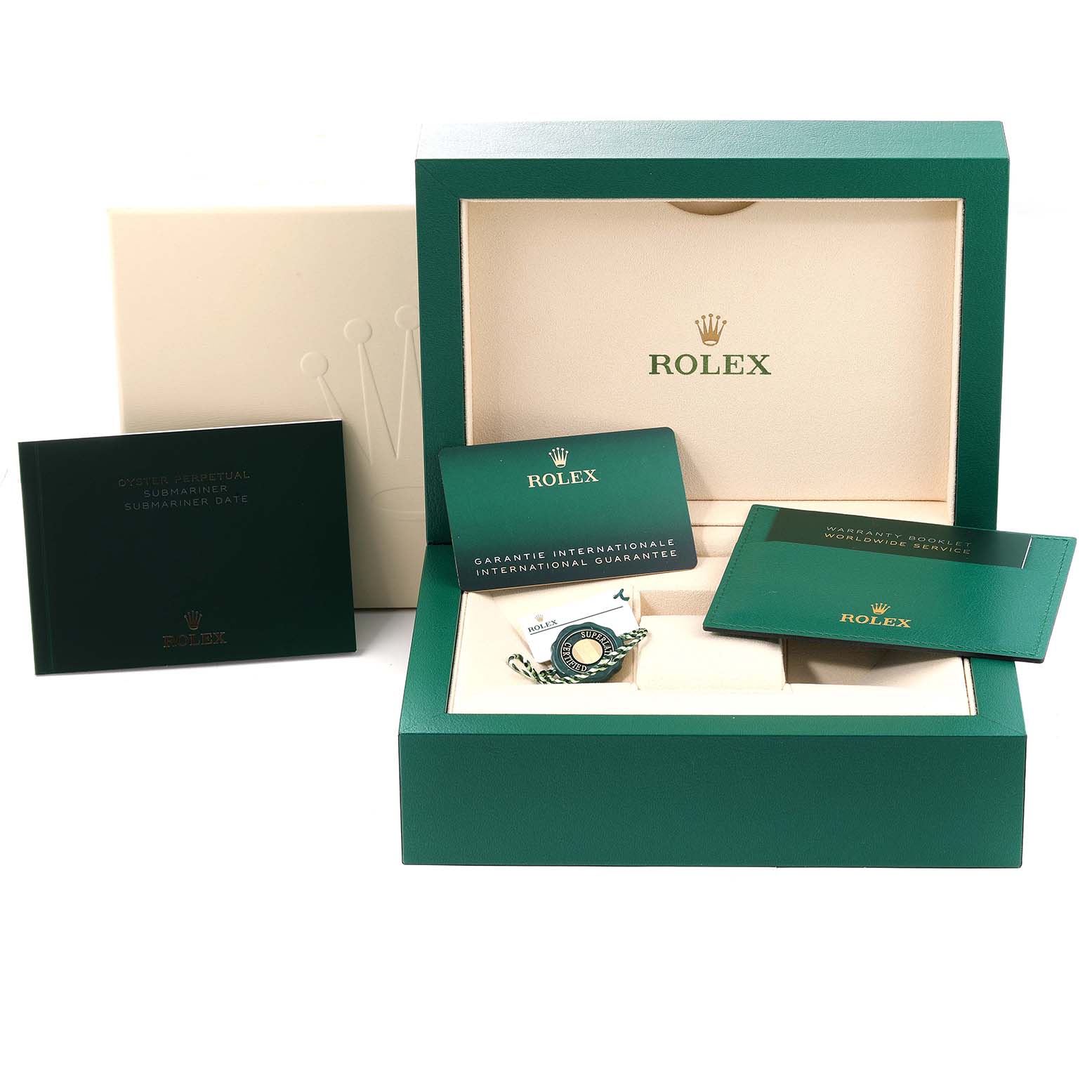 This image shows the open packaging of a Rolex Submariner 126618 Men's Yellow Gold Black Dial 126618 Men's Yellow Gold Black Dial watch, including the warranty cards and booklet.