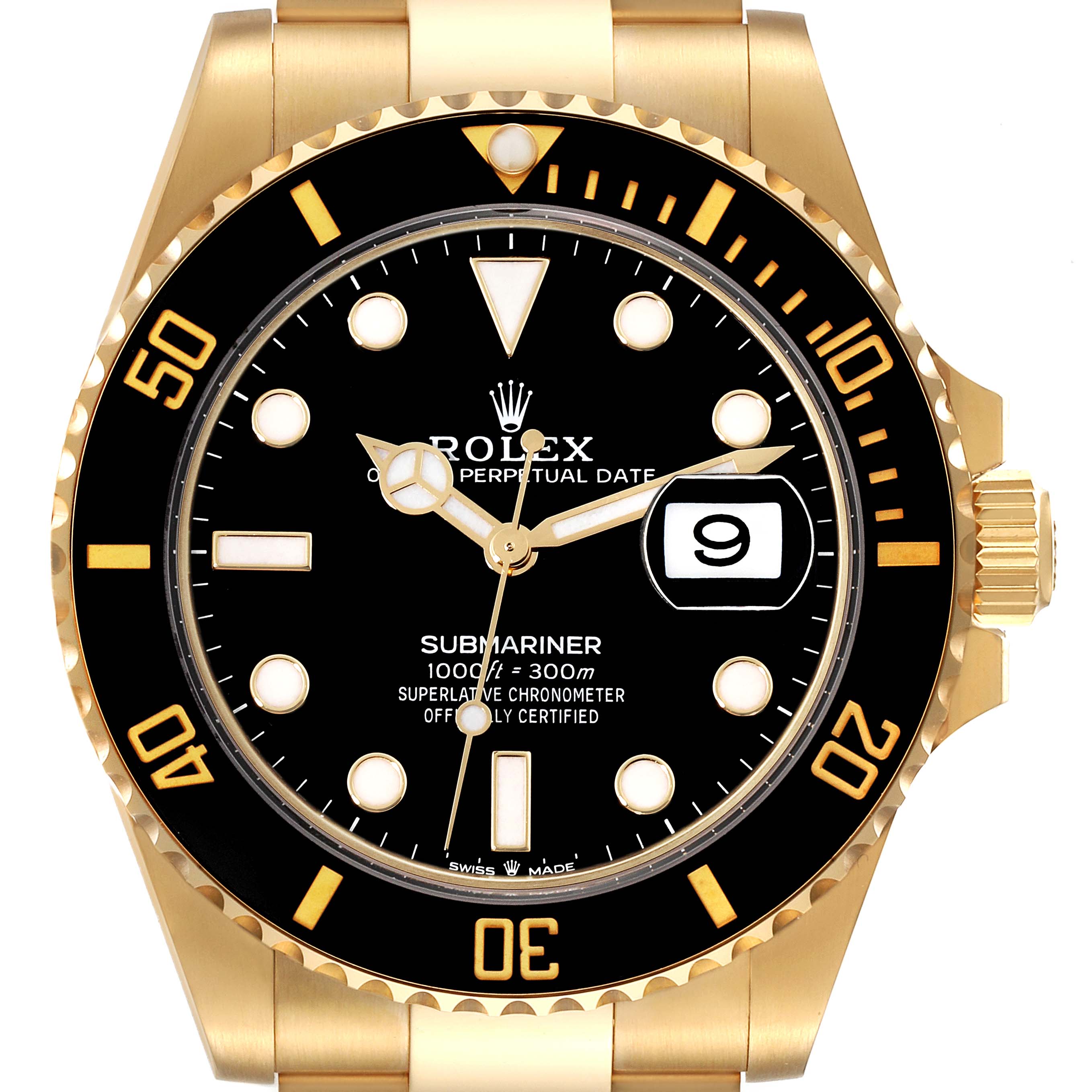 This image shows a Rolex Submariner 126618 Men's Yellow Gold Black Dial 126618 Men's Yellow Gold Black Dial watch from a front angle, highlighting the bezel, crown, dial, and bracelet.