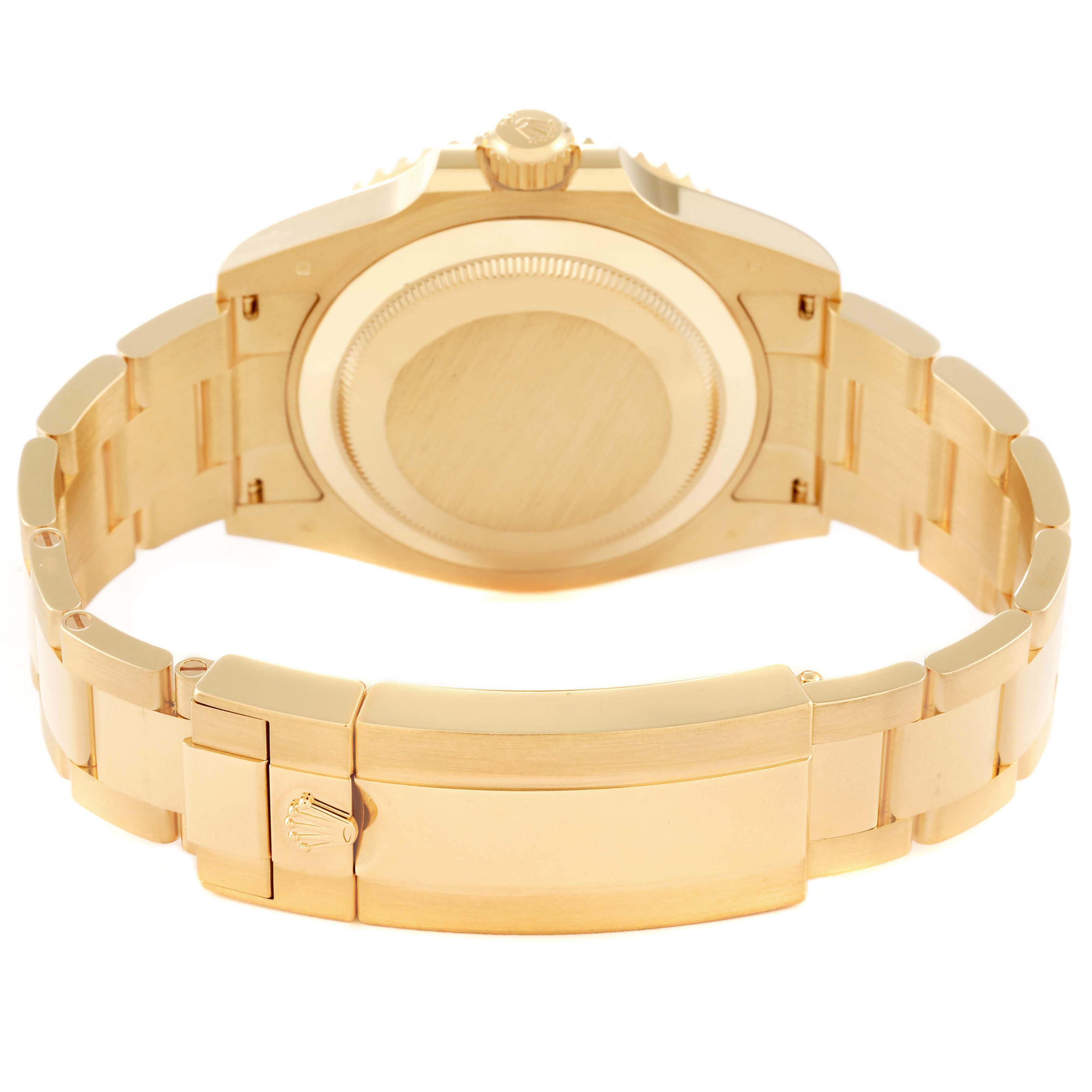 The image shows the backside and clasp of a gold Rolex Submariner 126618 Men's Yellow Gold Black Dial 126618 Men's Yellow Gold Black Dial model watch at an angle.