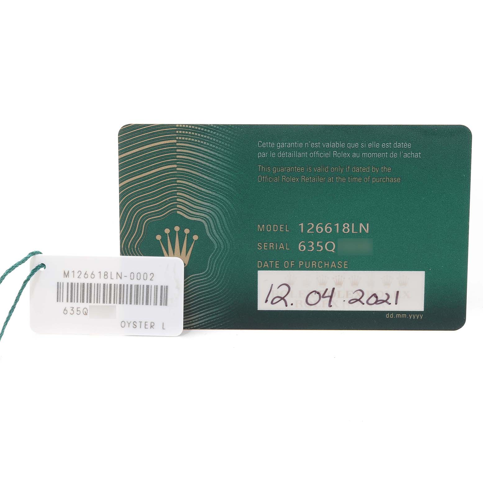 The image shows a warranty card and tag for a Rolex Submariner 126618 Men's Yellow Gold Black Dial 126618 Men's Yellow Gold Black Dial model 126618LN.