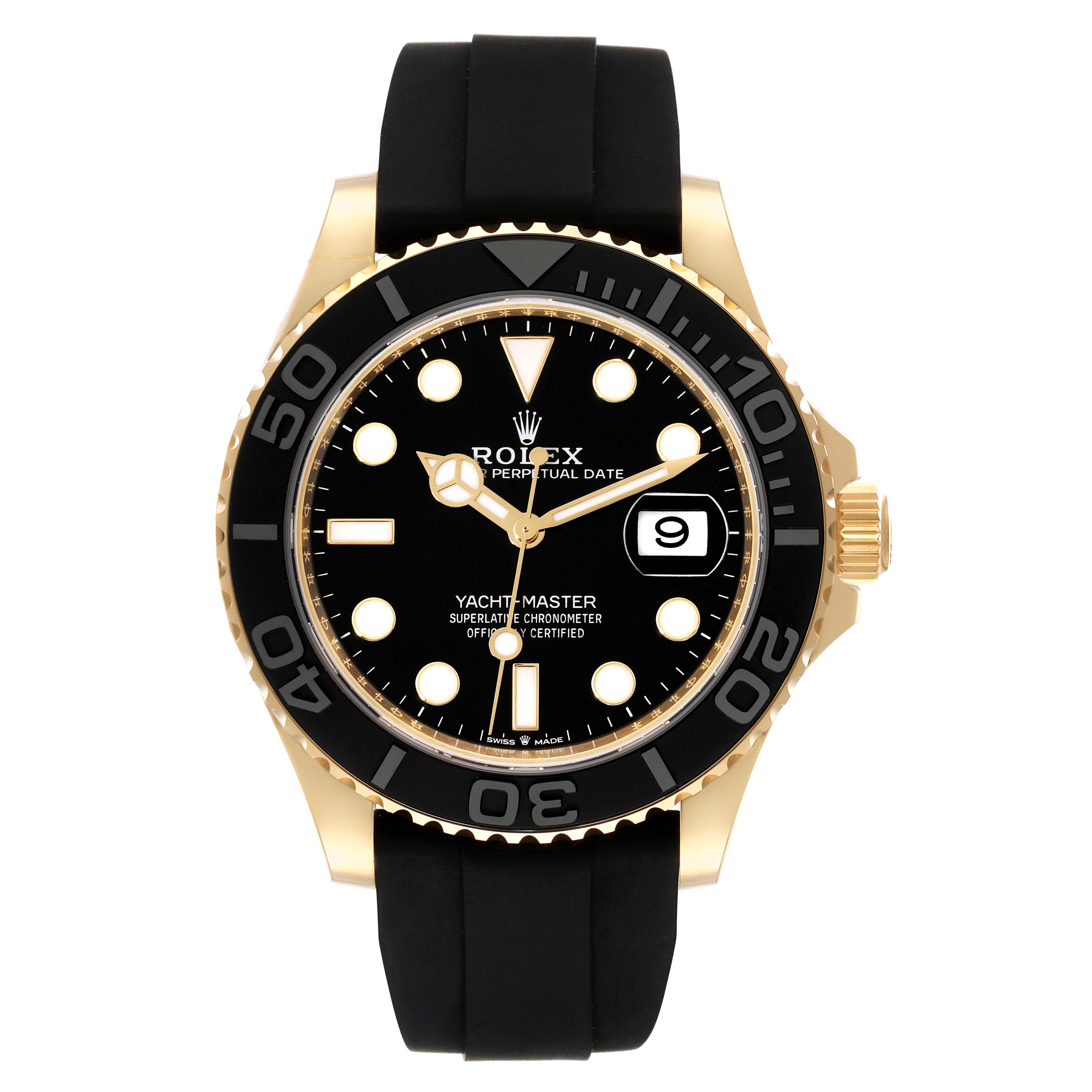 The Rolex Yacht-Master 226658 Men's Yellow Gold Black Dial 226658 Men's Yellow Gold Black Dial watch is shown from the front, displaying the dial, bezel, and strap.