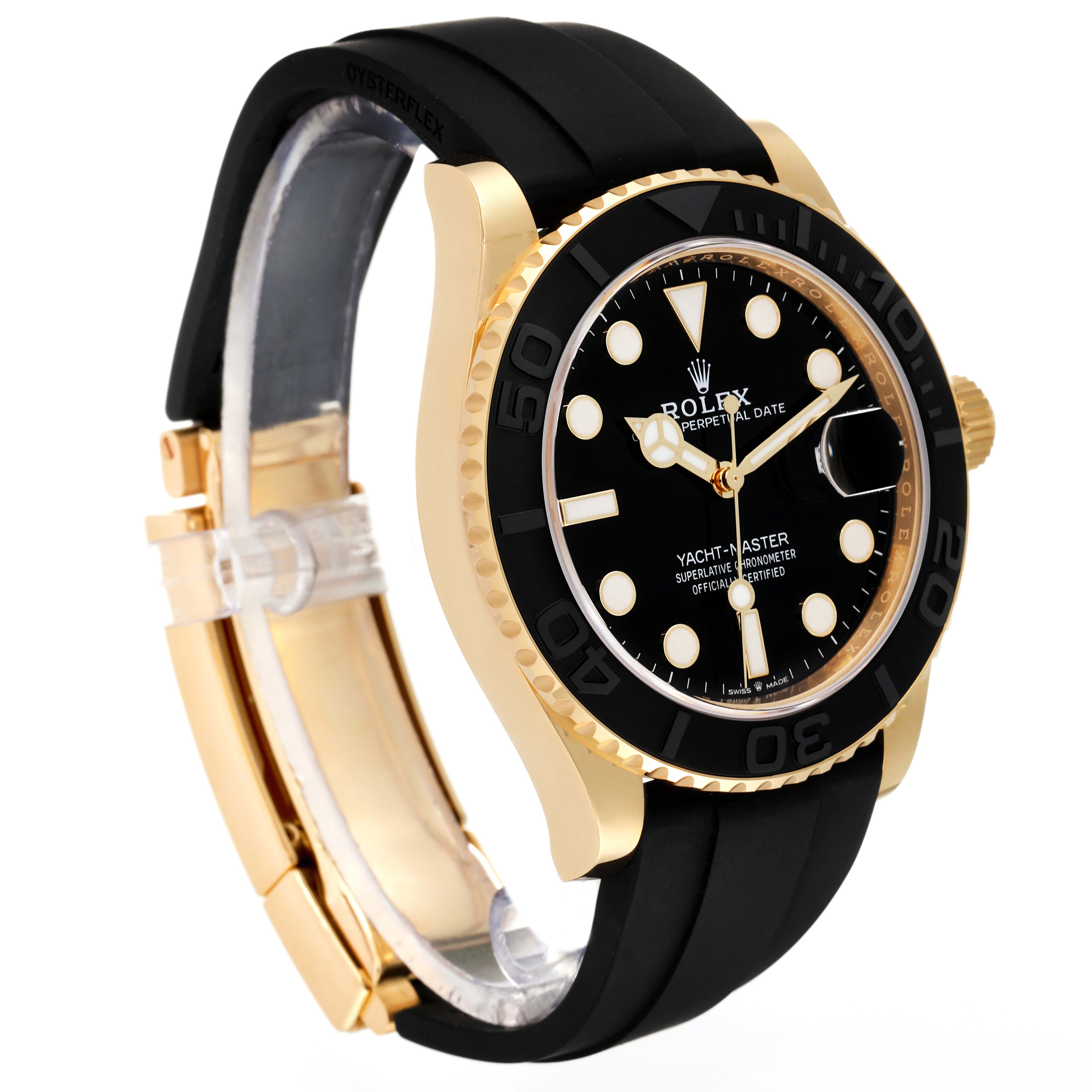 The Rolex Yacht-Master 226658 Men's Yellow Gold Black Dial 226658 Men's Yellow Gold Black Dial watch is shown at a three-quarter angle, highlighting the black dial, bezel, and rubber strap.