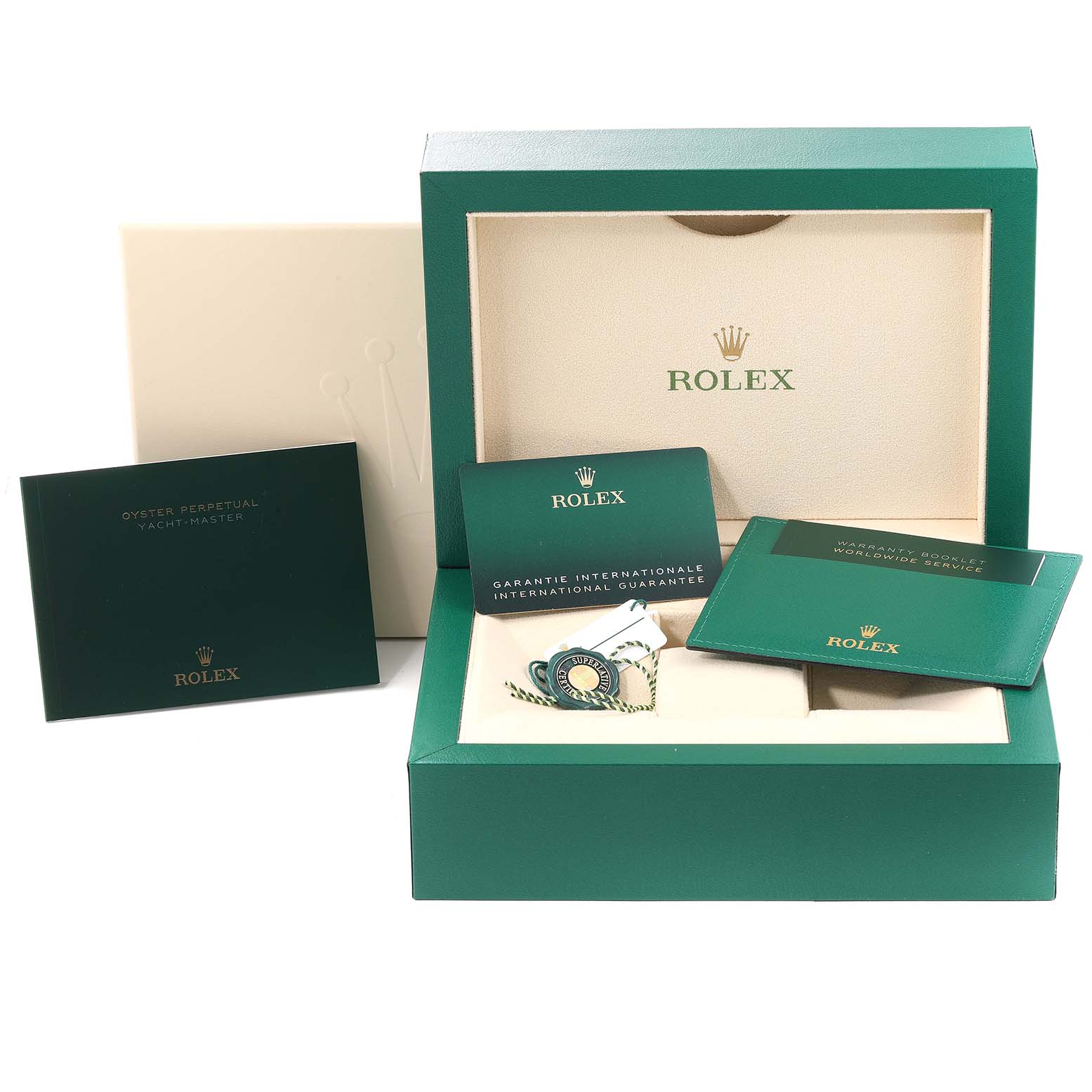 The image shows a Rolex Yacht-Master 226658 Men's Yellow Gold Black Dial 226658 Men's Yellow Gold Black Dial watch box, warranty card, booklets, and hangtags from a front angle.