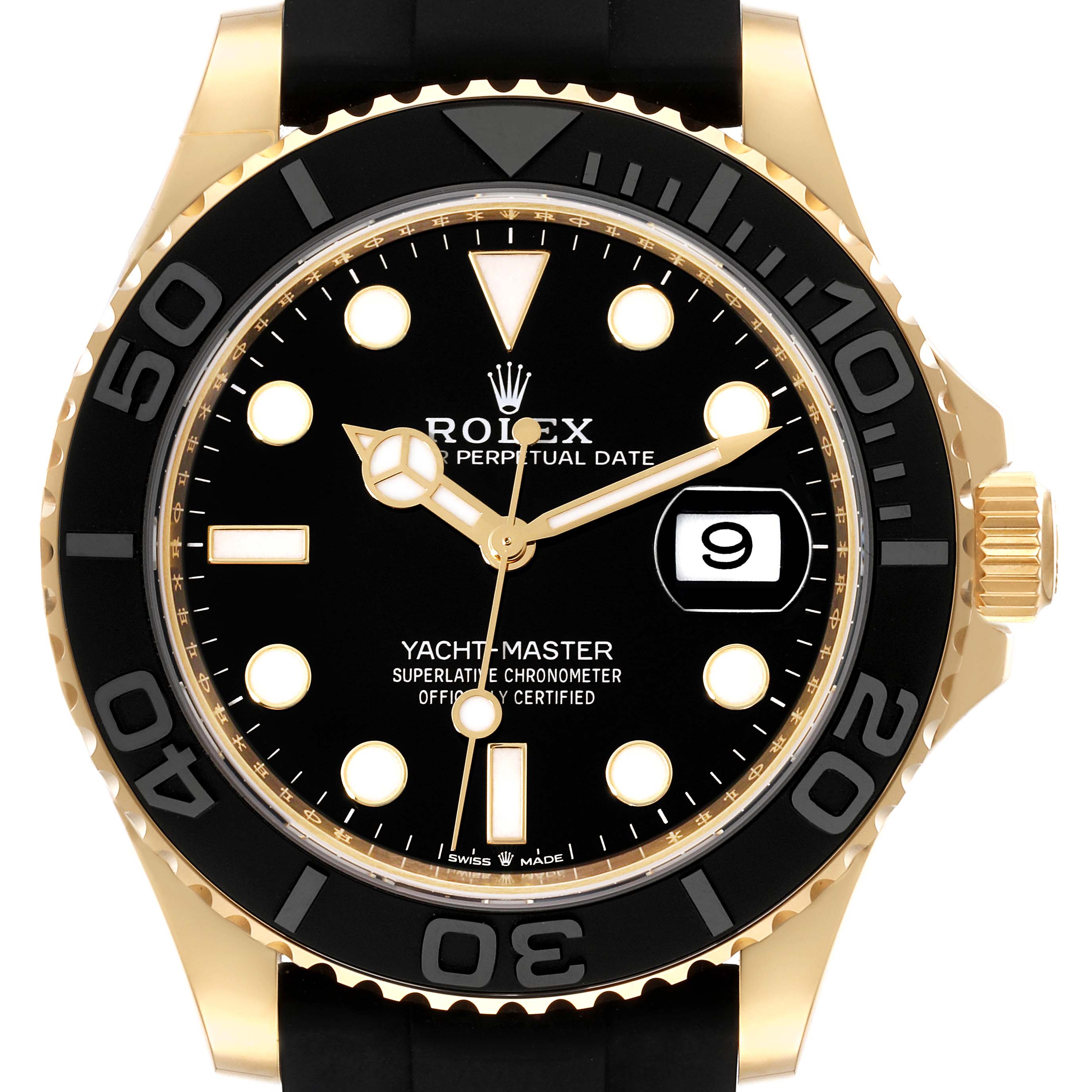 This image shows a front view of a Rolex Yacht-Master 226658 Men's Yellow Gold Black Dial 226658 Men's Yellow Gold Black Dial watch, highlighting its black dial, date window, and gold case.