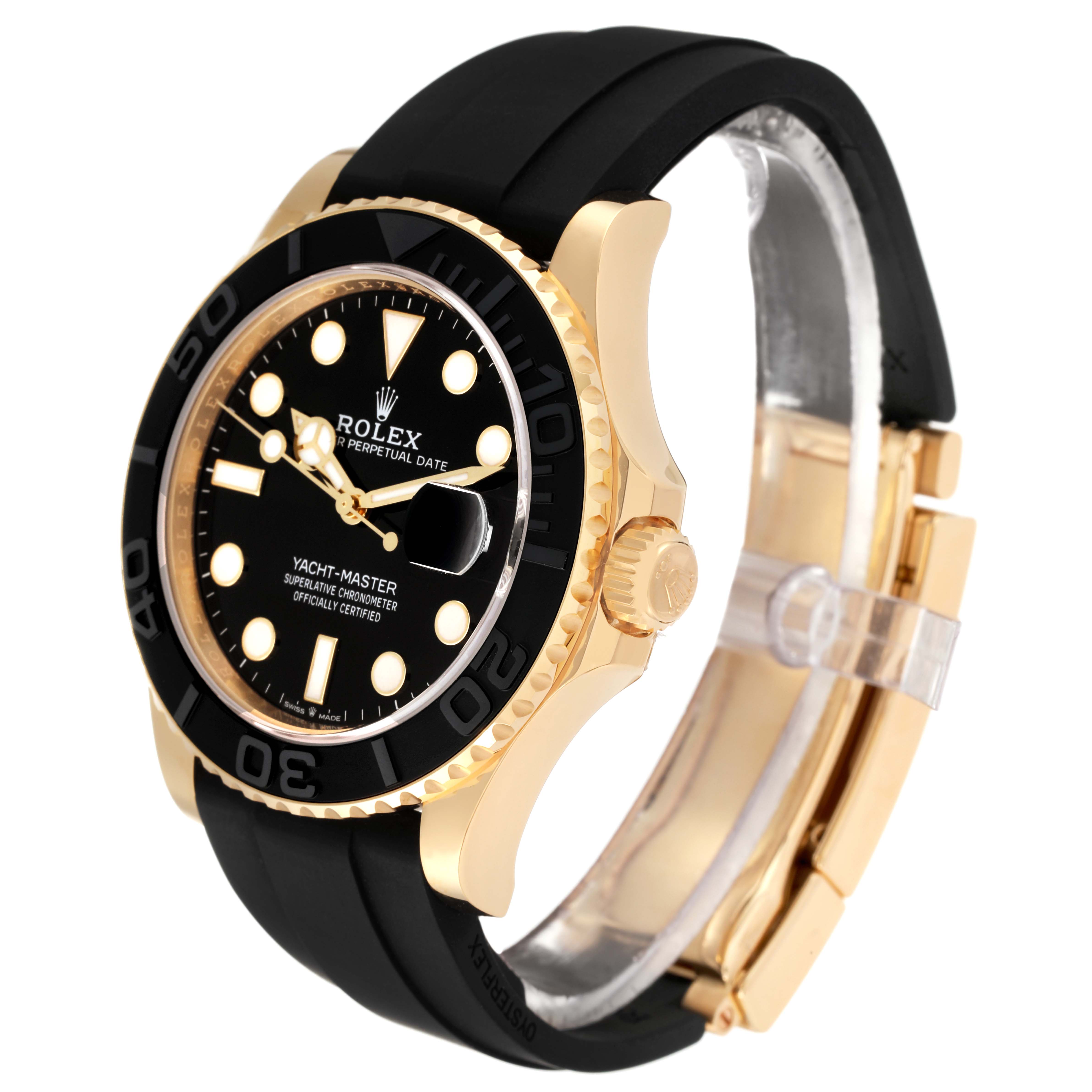 The Rolex Yacht-Master 226658 Men's Yellow Gold Black Dial 226658 Men's Yellow Gold Black Dial watch is shown from an angled side view, displaying the dial, bezel, crown, and part of the strap.
