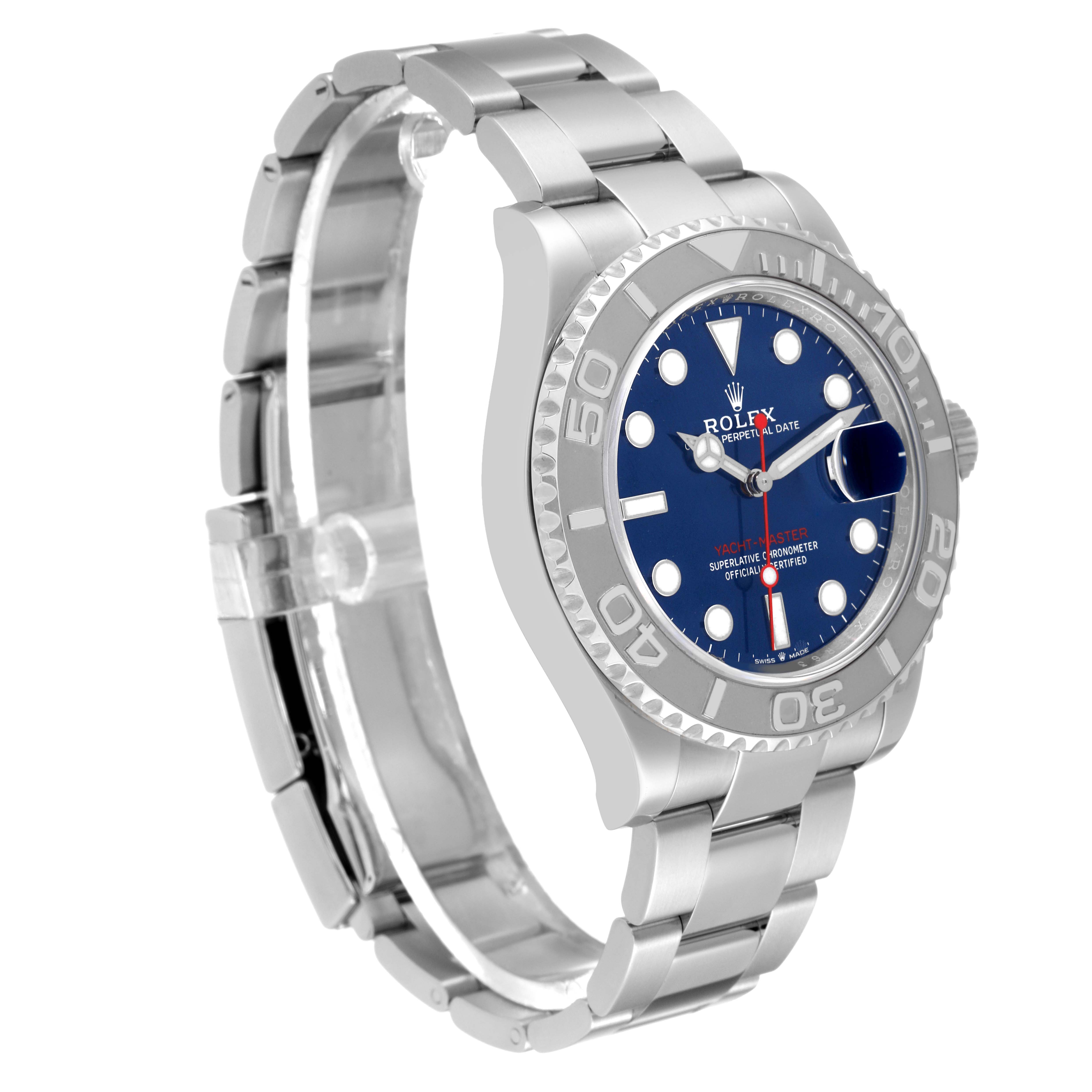 The image shows a side and front angle of a Rolex Yacht-Master 126622 Men's Stainless Steel Blue Dial 126622 Men's Stainless Steel Blue Dial watch, featuring its bracelet, bezel, and dial.