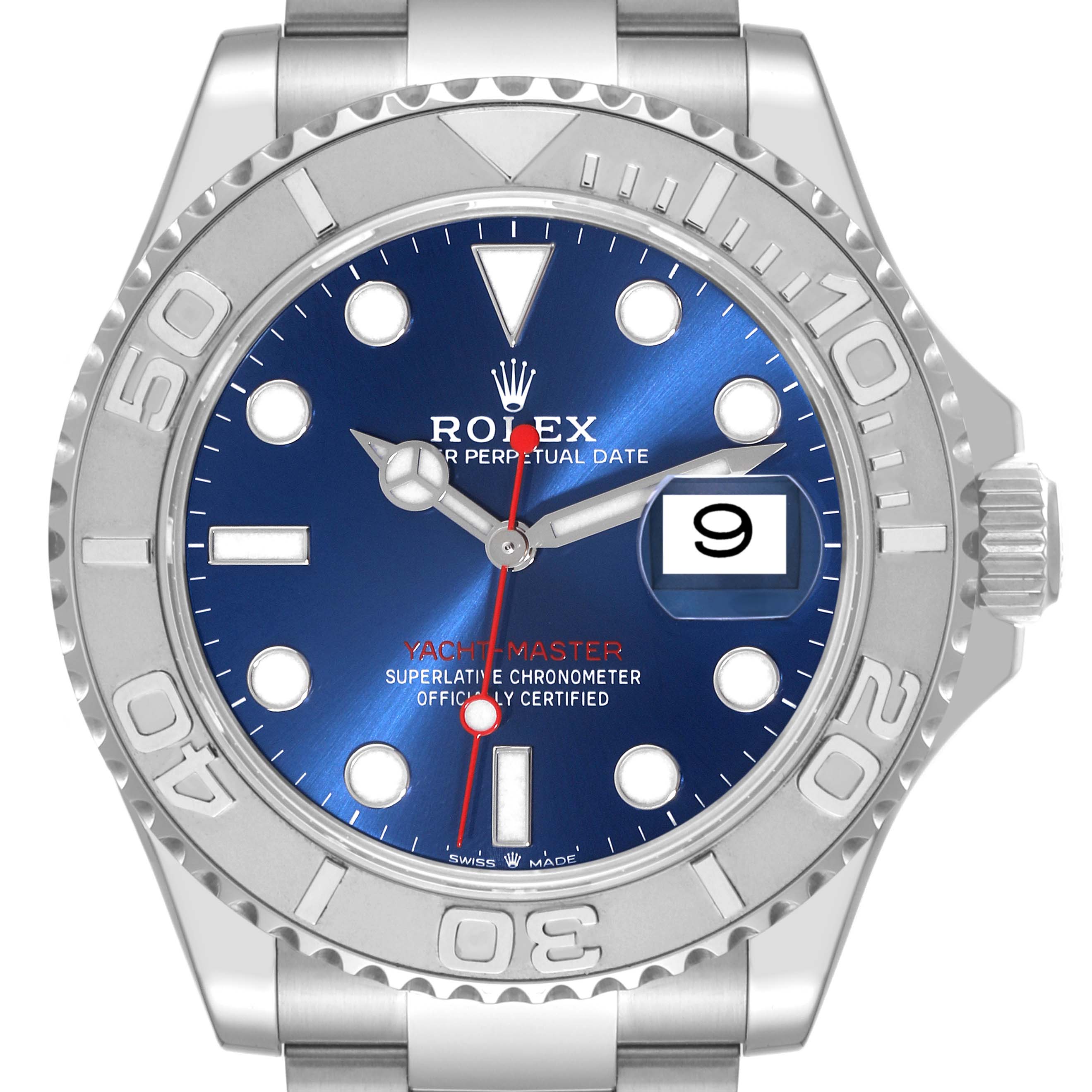 This is a front view of a Rolex Yacht-Master 126622 Men's Stainless Steel Blue Dial 126622 Men's Stainless Steel Blue Dial watch, showing the face, bezel, hands, date window, and part of the bracelet.