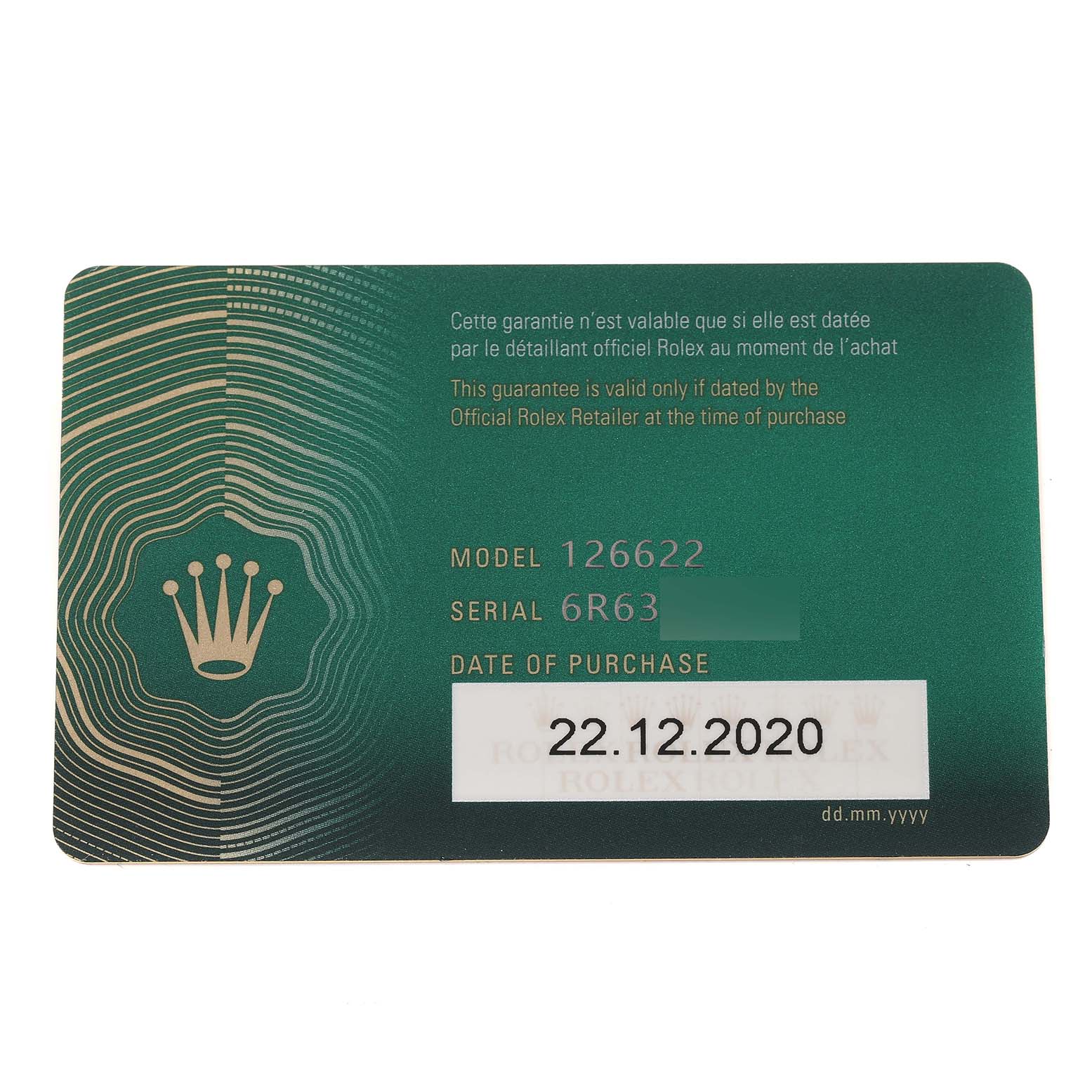 The image shows a guarantee card for the Rolex Yacht-Master 126622 Men's Stainless Steel Blue Dial 126622 Men's Stainless Steel Blue Dial model 126622, featuring model, serial number, and purchase date.