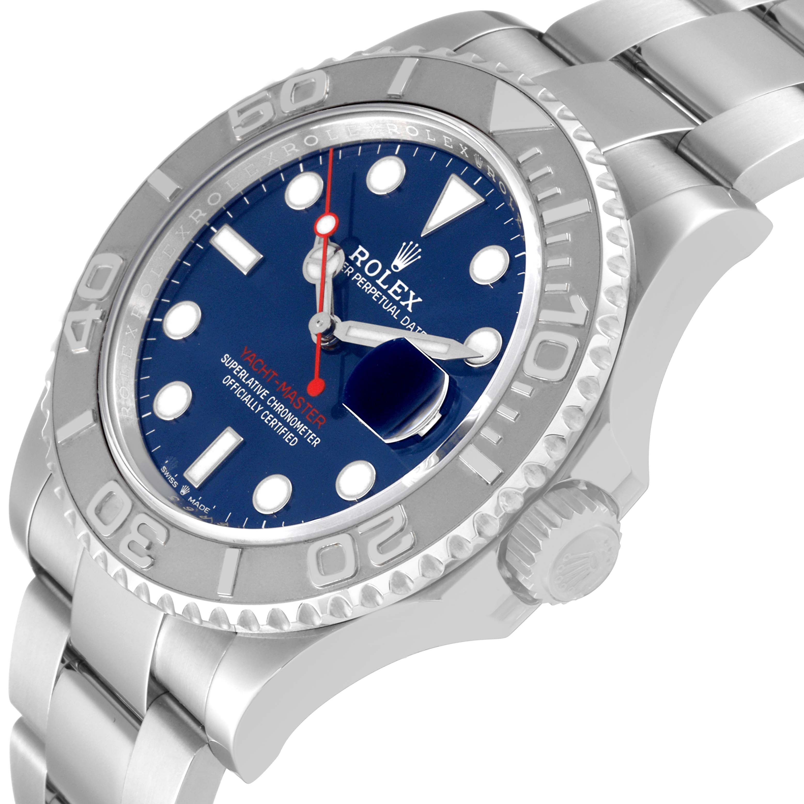 The image shows a Rolex Yacht-Master 126622 Men's Stainless Steel Blue Dial 126622 Men's Stainless Steel Blue Dial watch angled from the right side, revealing the face, bezel, crown, and part of the bracelet.