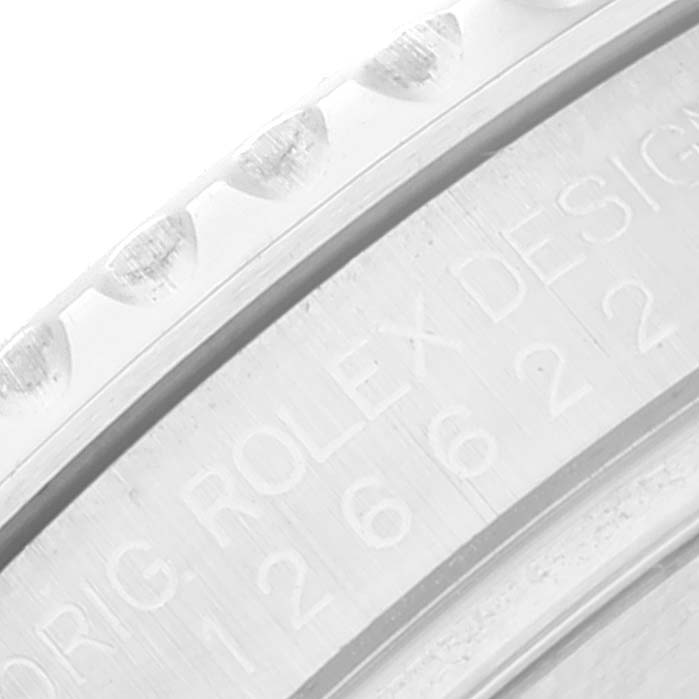 This close-up image shows the edge and engravings on the bezel of a Rolex Yacht-Master 126622 Men's Stainless Steel Blue Dial 126622 Men's Stainless Steel Blue Dial watch.