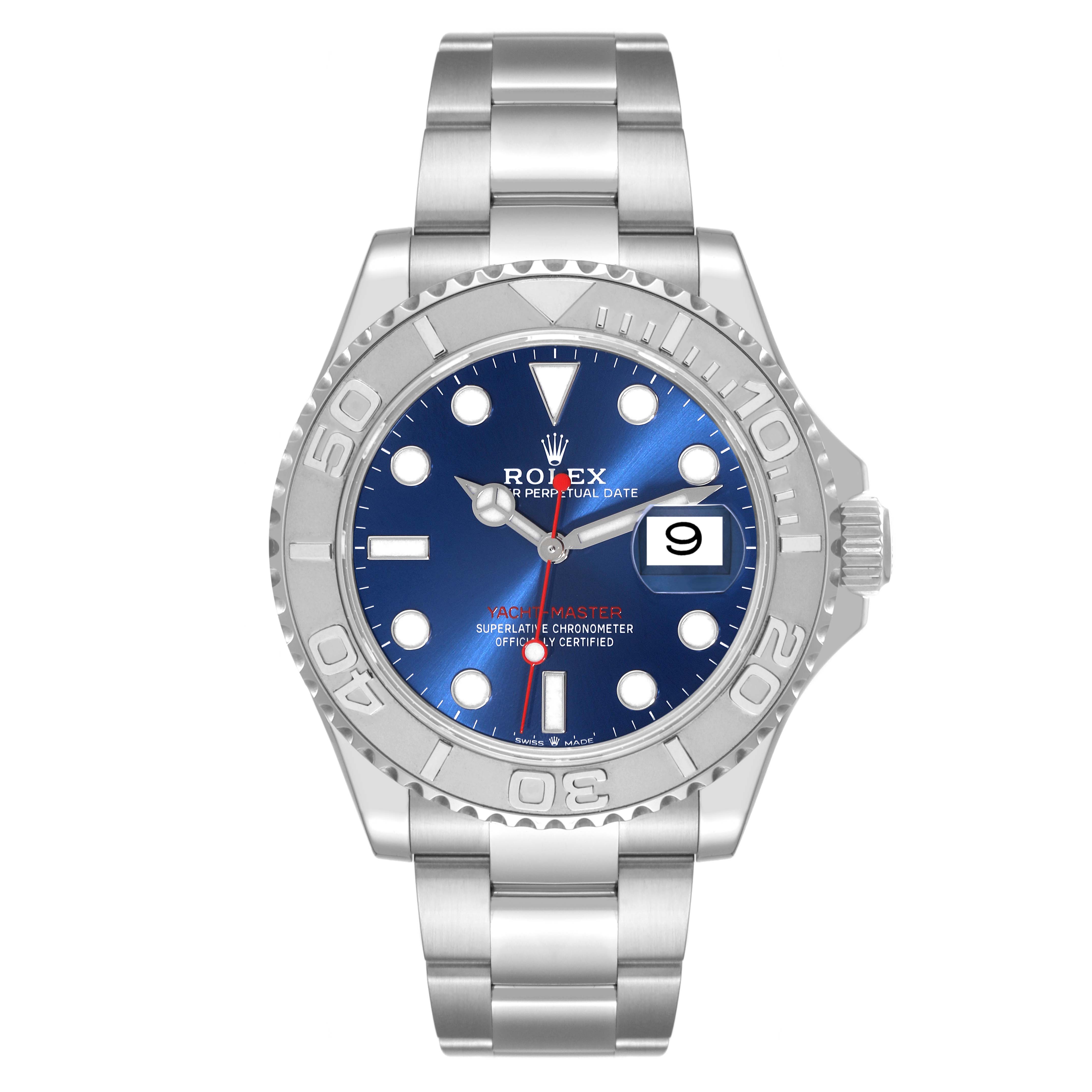 This image shows a front view of the Rolex Yacht-Master 126622 Men's Stainless Steel Blue Dial 126622 Men's Stainless Steel Blue Dial watch, displaying its face, bezel, and band.