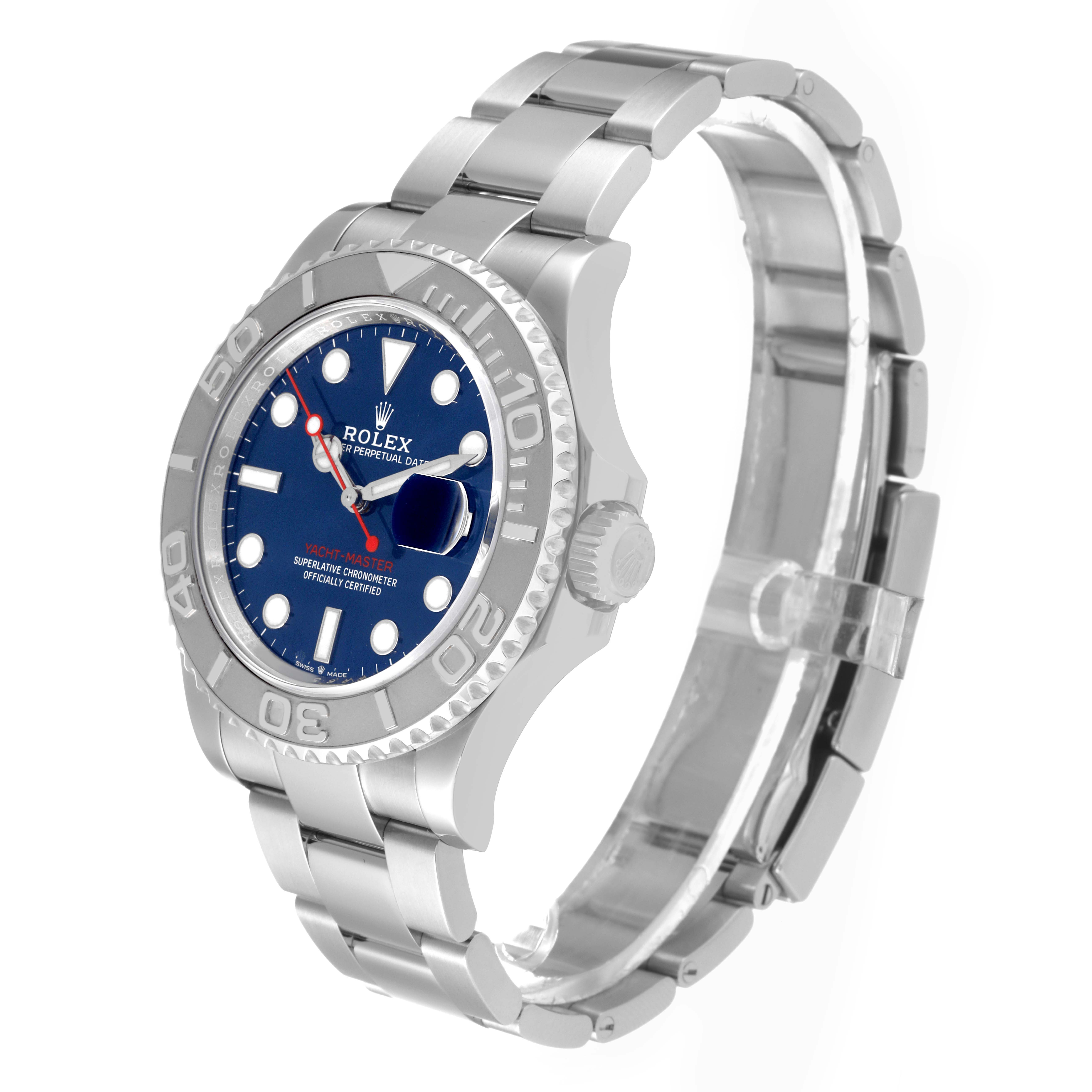The Rolex Yacht-Master 126622 Men's Stainless Steel Blue Dial 126622 Men's Stainless Steel Blue Dial watch is shown at a slight angle, showcasing its stainless steel band, bezel, and blue dial with white markers.