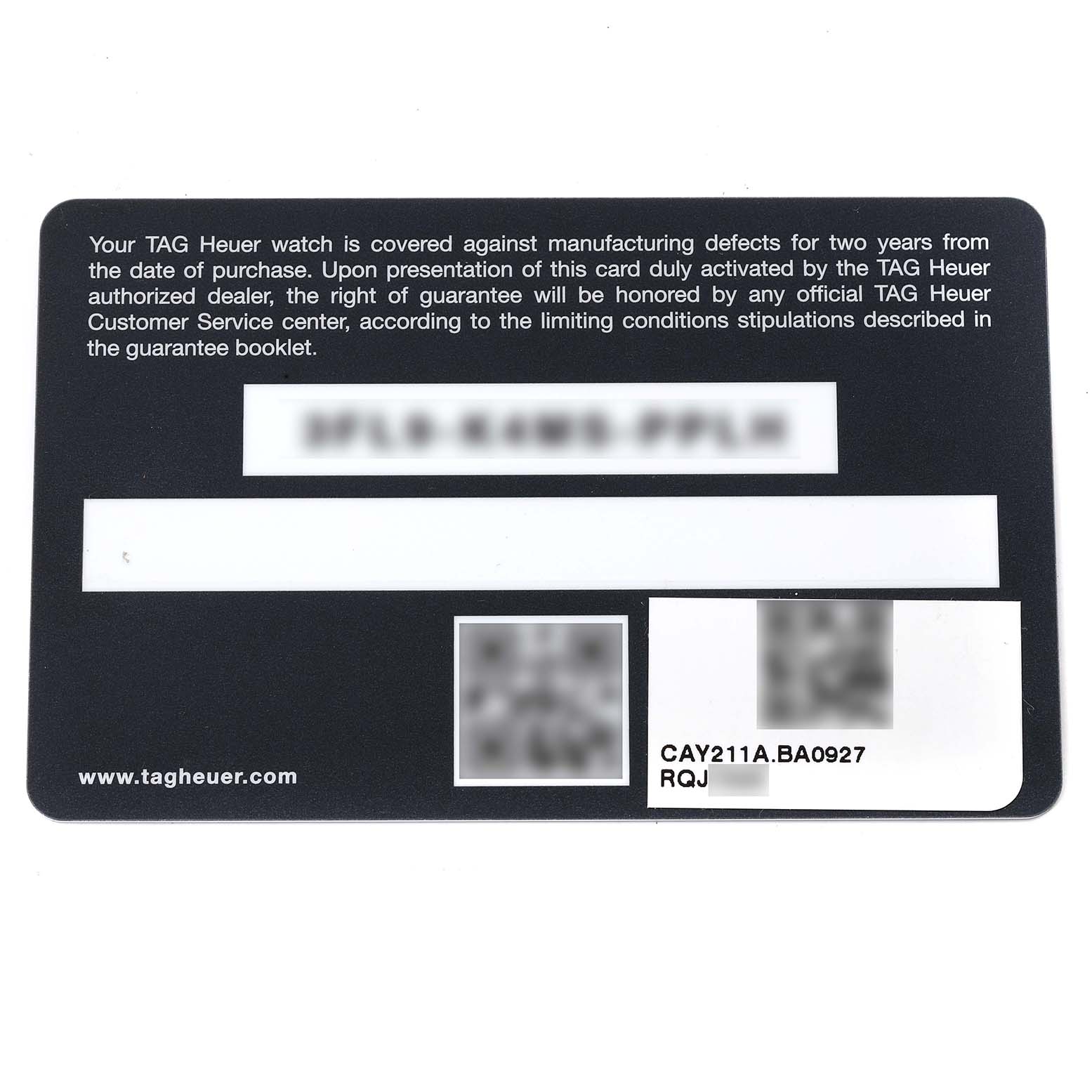 The image shows a warranty card for the Tag Heuer Aquaracer CAY211A Men's Stainless Steel Black Dial CAY211A Men's Stainless Steel Black Dial model, in a direct overhead view.