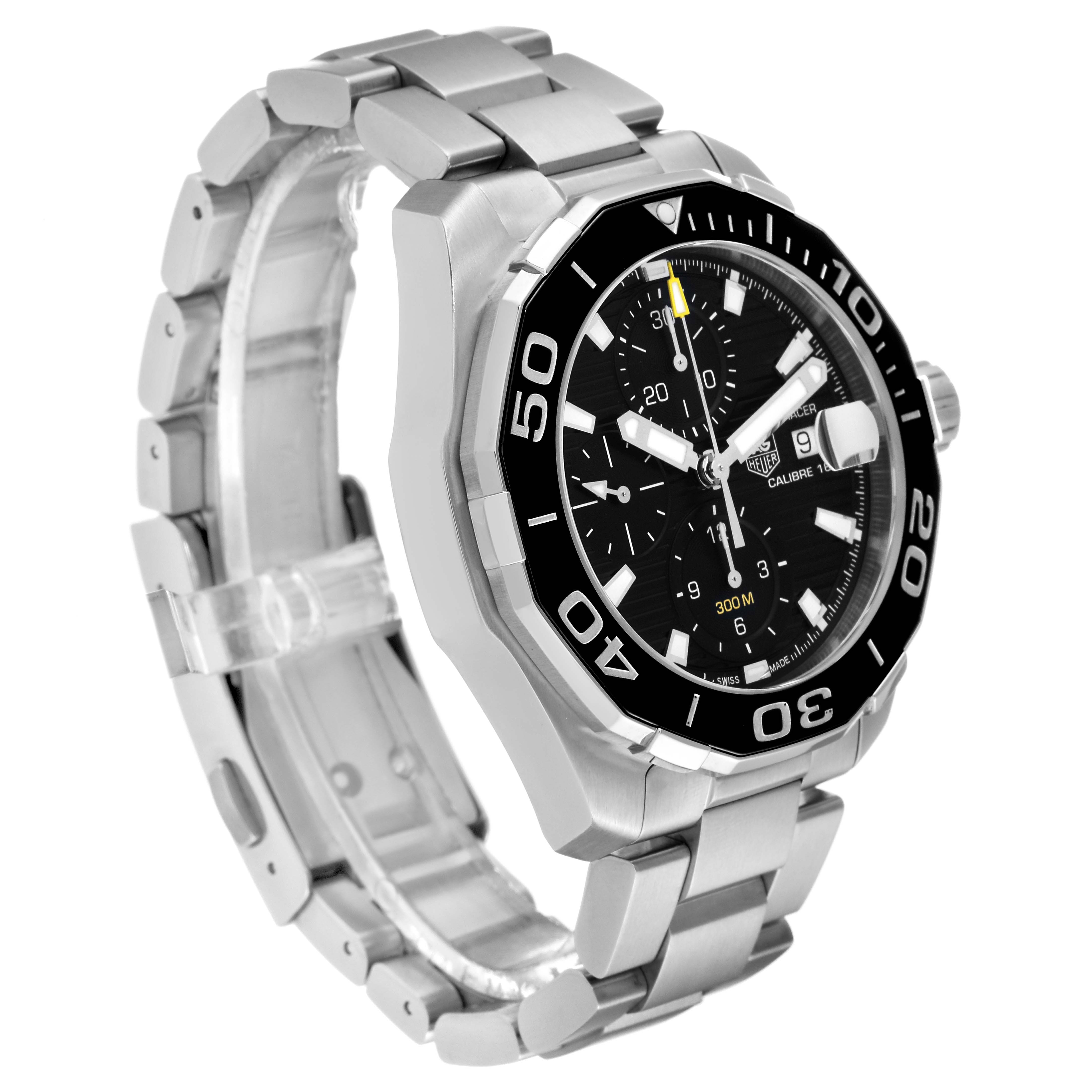 The image shows a side view of the Tag Heuer Aquaracer CAY211A Men's Stainless Steel Black Dial CAY211A Men's Stainless Steel Black Dial watch, highlighting its bezel, dial, case, and bracelet.