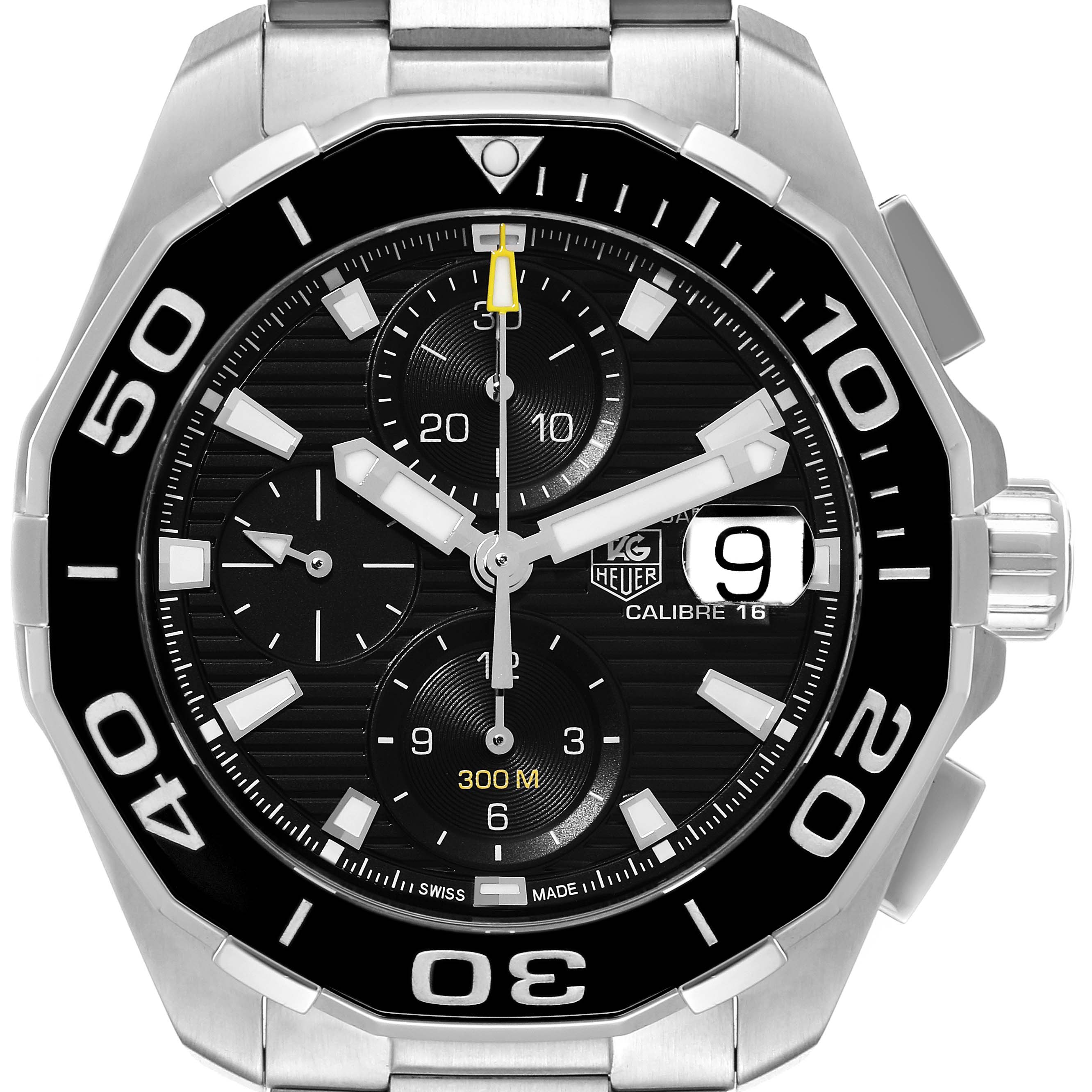 The image shows the black dial, bezel, and metal strap of a Tag Heuer Aquaracer CAY211A Men's Stainless Steel Black Dial CAY211A Men's Stainless Steel Black Dial watch from a front angle.