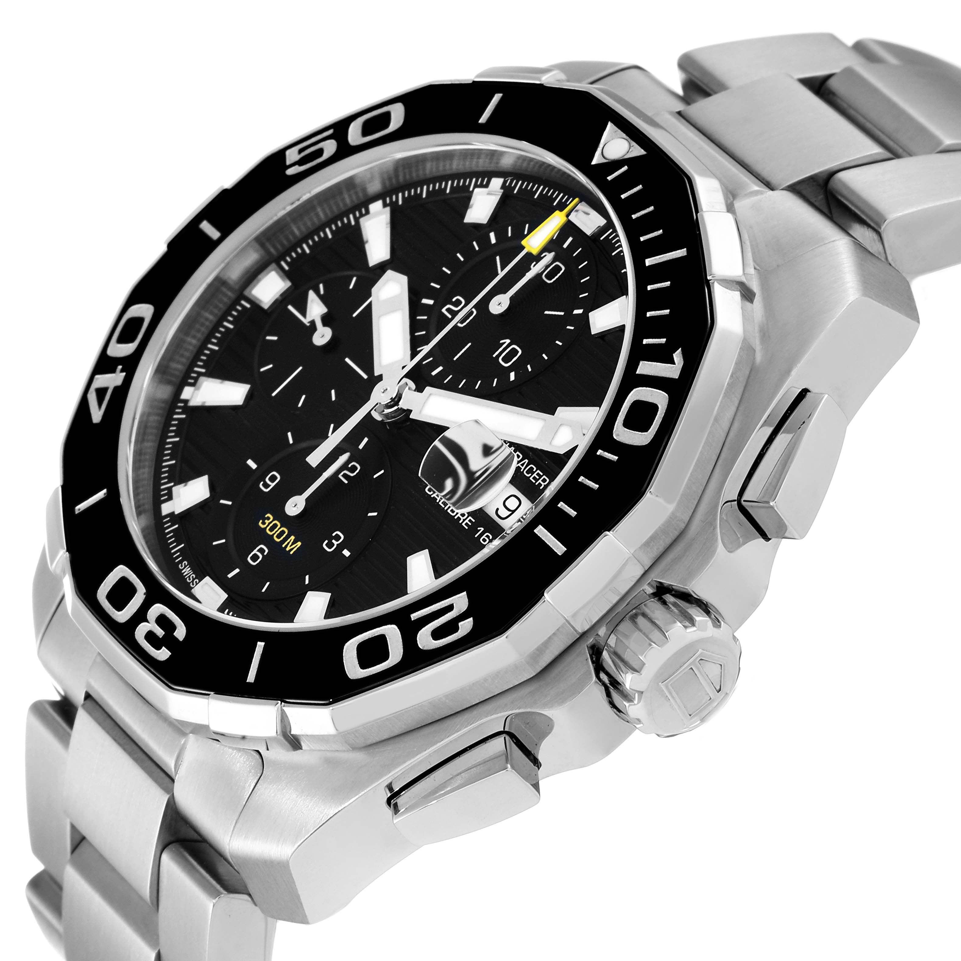 The image shows a close-up angle of the Tag Heuer Aquaracer CAY211A Men's Stainless Steel Black Dial CAY211A Men's Stainless Steel Black Dial watch, focusing on the bezel, dial, and part of the stainless steel band.