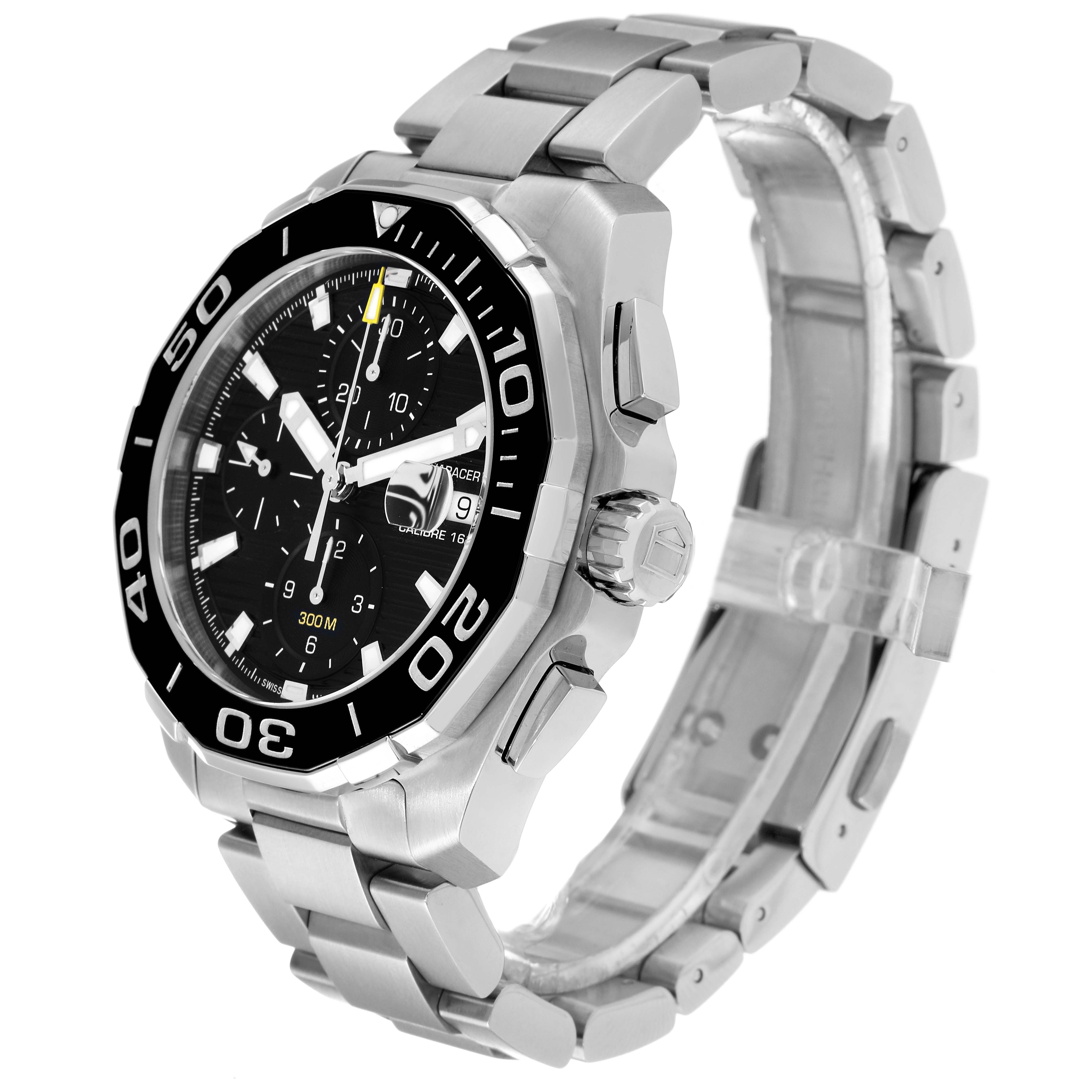 The Tag Heuer Aquaracer CAY211A Men's Stainless Steel Black Dial CAY211A Men's Stainless Steel Black Dial watch is shown at an angled view, highlighting its bezel, crown, dial, and stainless steel bracelet.