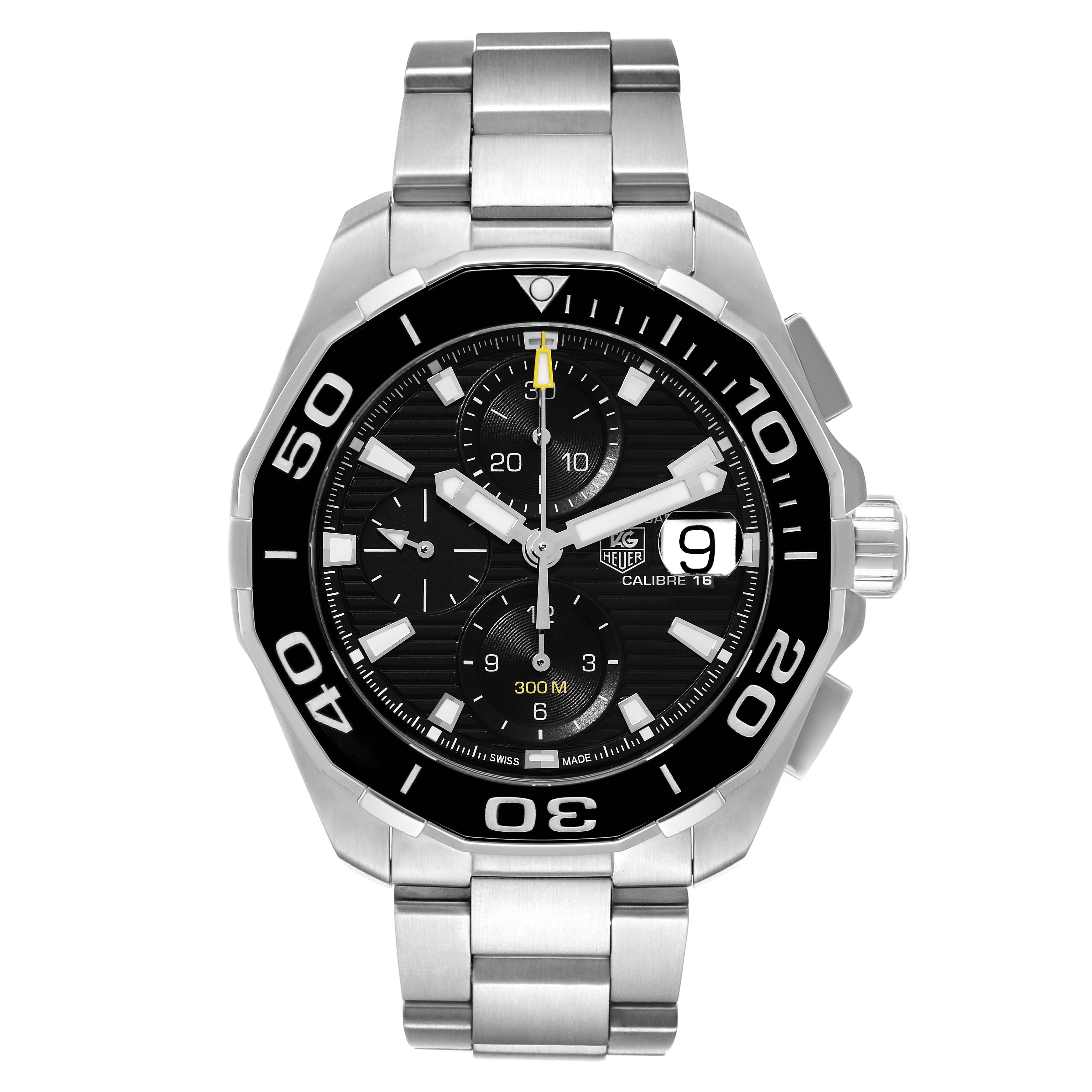 This image shows the Tag Heuer Aquaracer CAY211A Men's Stainless Steel Black Dial CAY211A Men's Stainless Steel Black Dial watch from a front angle, highlighting its bracelet, bezel, dial, and chronograph subdials.
