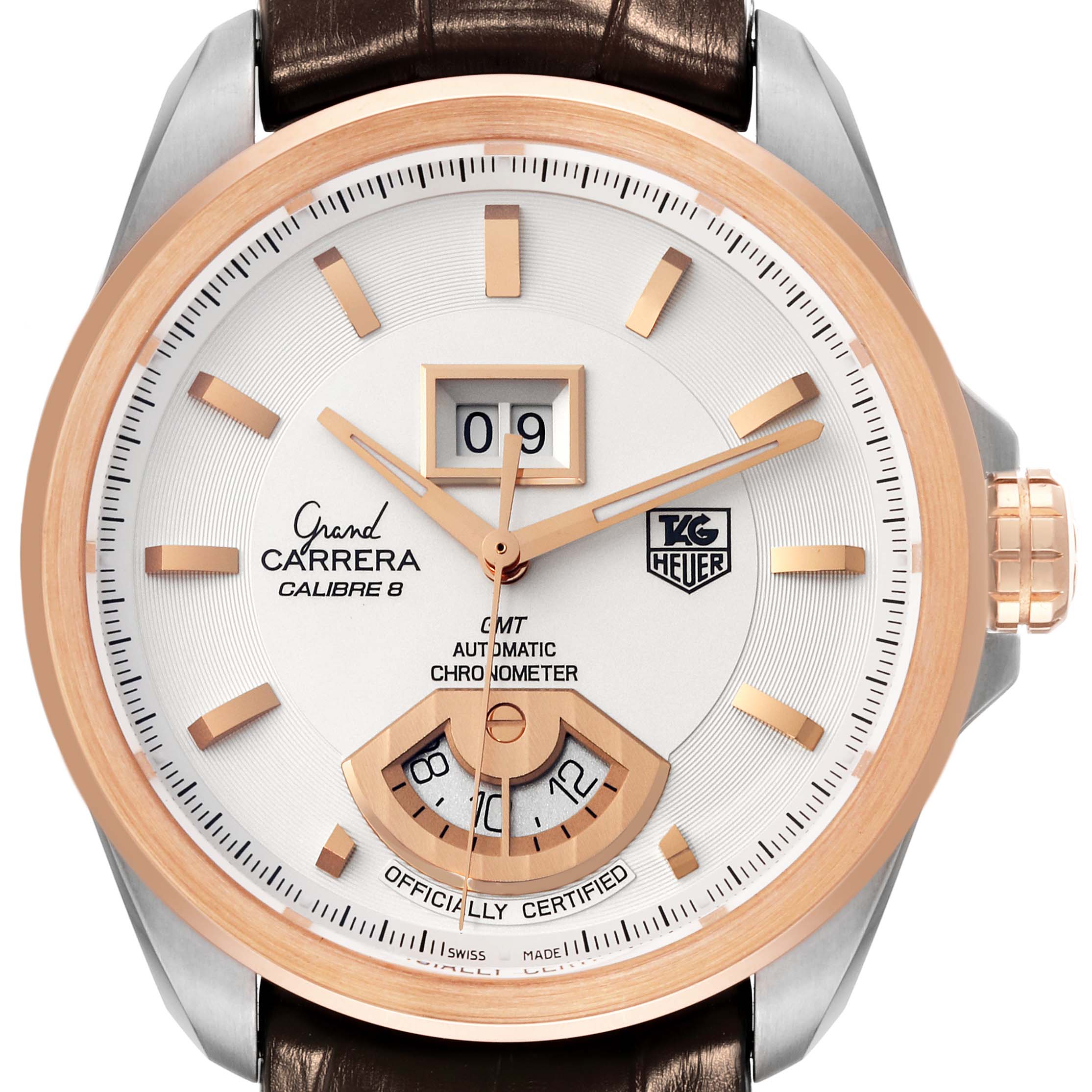 The image shows a frontal close-up of the dial and bezel of the Tag Heuer Carrera WAV5152.FC6231 Men's Steel and Gold (two tone) Silver Dial WAV5152.FC6231 Men's Steel and Gold (two tone) Silver Dial Calibre 8 GMT watch.