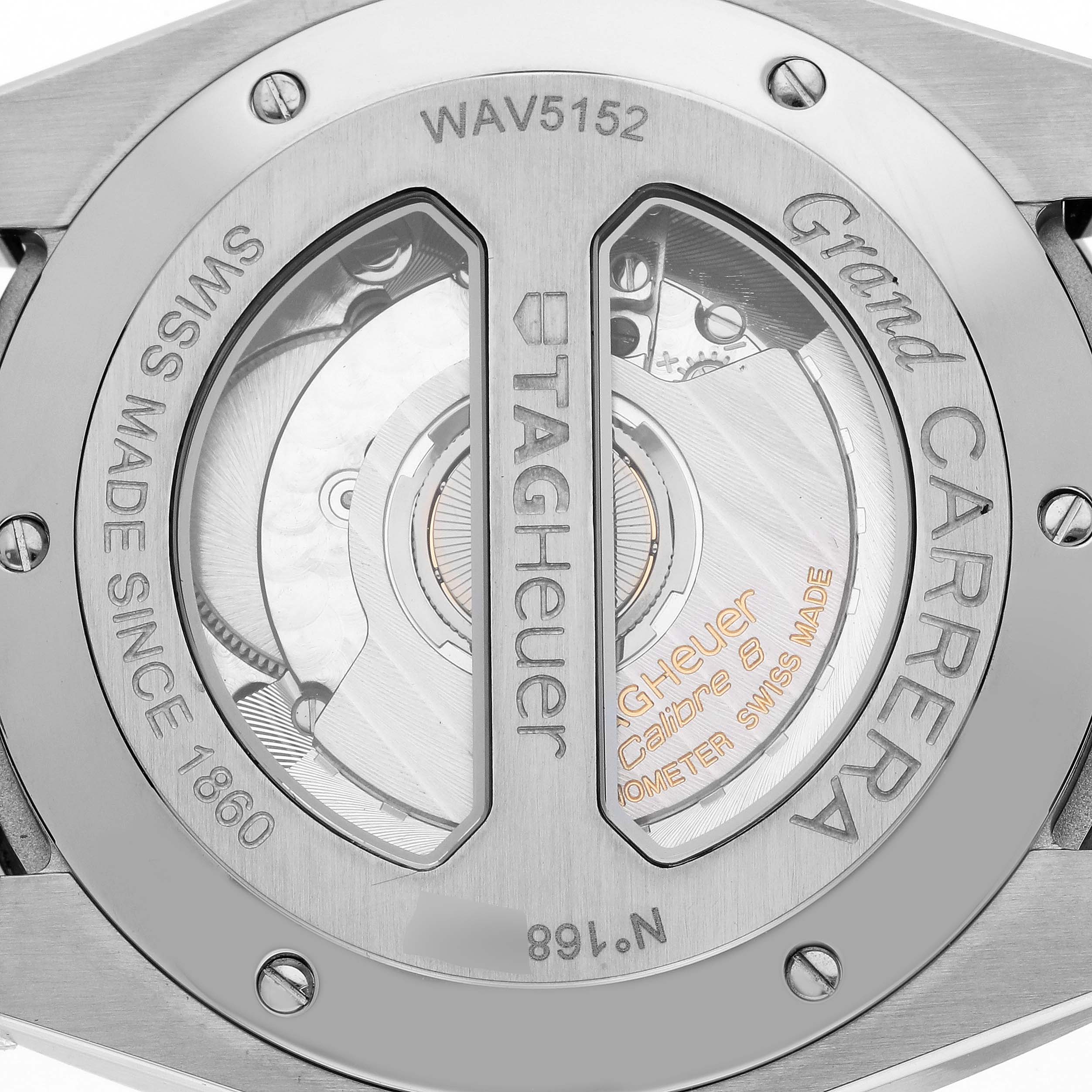 The image shows the back of a Tag Heuer Carrera WAV5152.FC6231 Men's Steel and Gold (two tone) Silver Dial WAV5152.FC6231 Men's Steel and Gold (two tone) Silver Dial model, highlighting the inner mechanism and engravings.