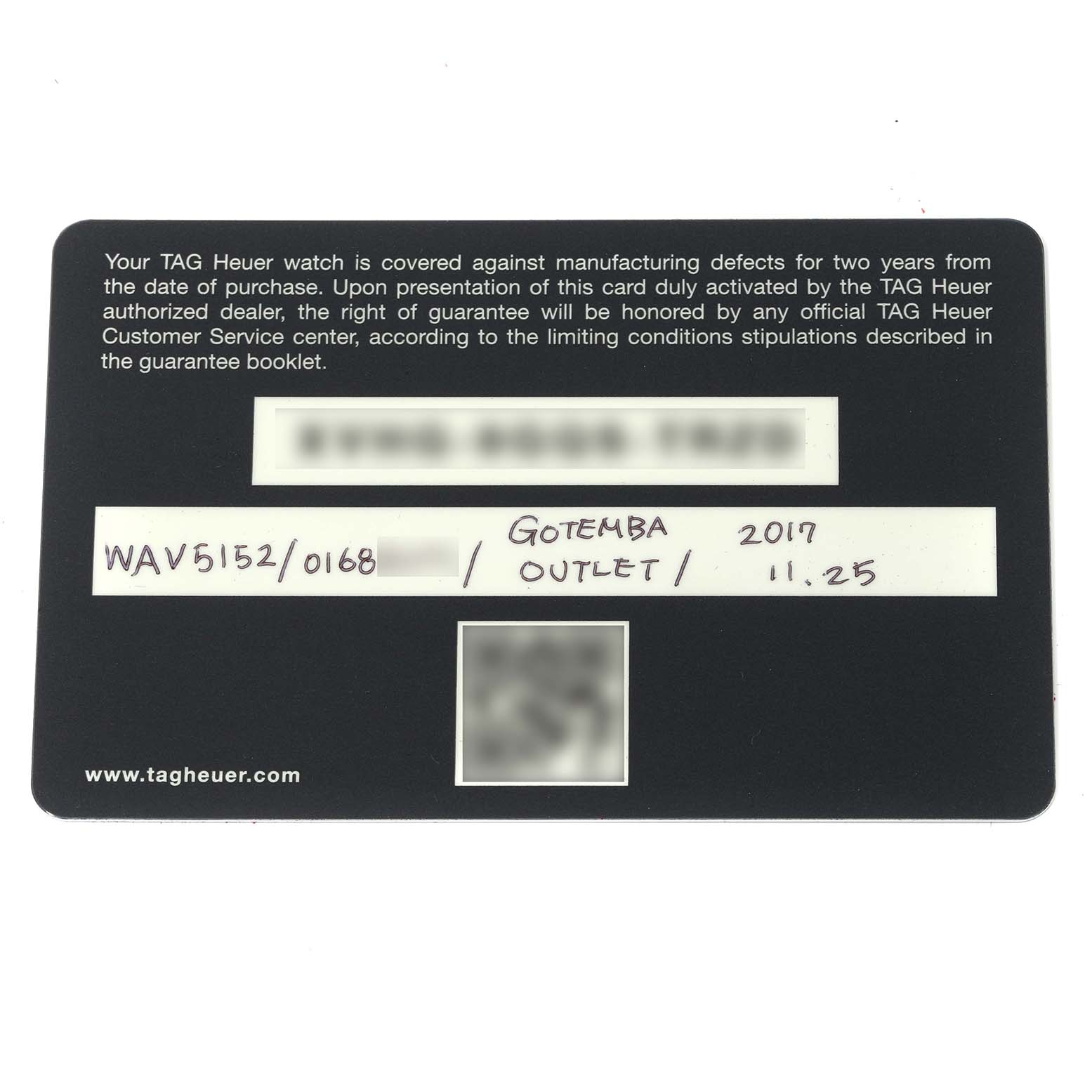 This is a warranty card for a Tag Heuer Carrera WAV5152.FC6231 Men's Steel and Gold (two tone) Silver Dial WAV5152.FC6231 Men's Steel and Gold (two tone) Silver Dial model watch, shown from the front.