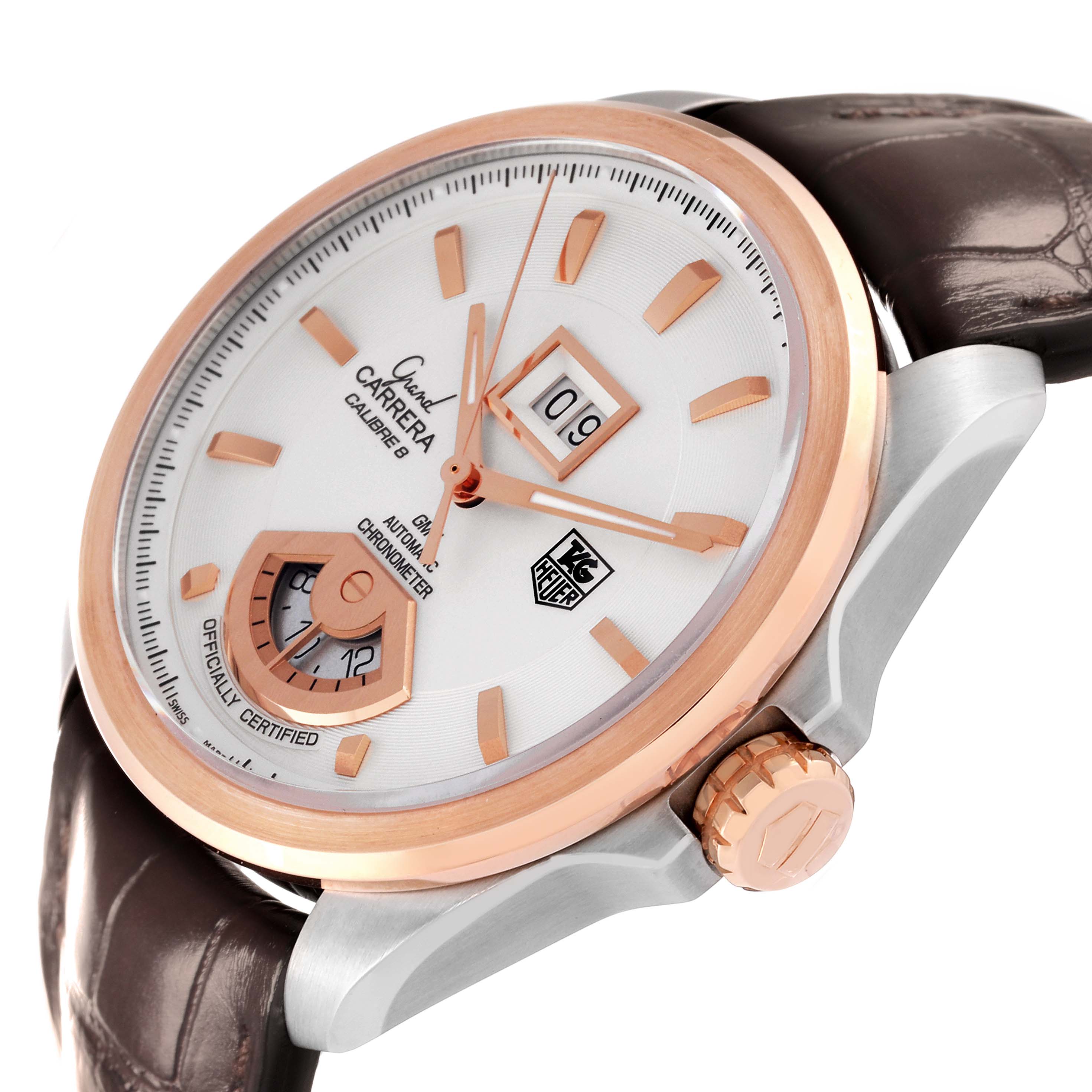 The Tag Heuer Carrera WAV5152.FC6231 Men's Steel and Gold (two tone) Silver Dial WAV5152.FC6231 Men's Steel and Gold (two tone) Silver Dial watch is shown from an angled close-up, highlighting its dial, crown, and part of the leather strap.