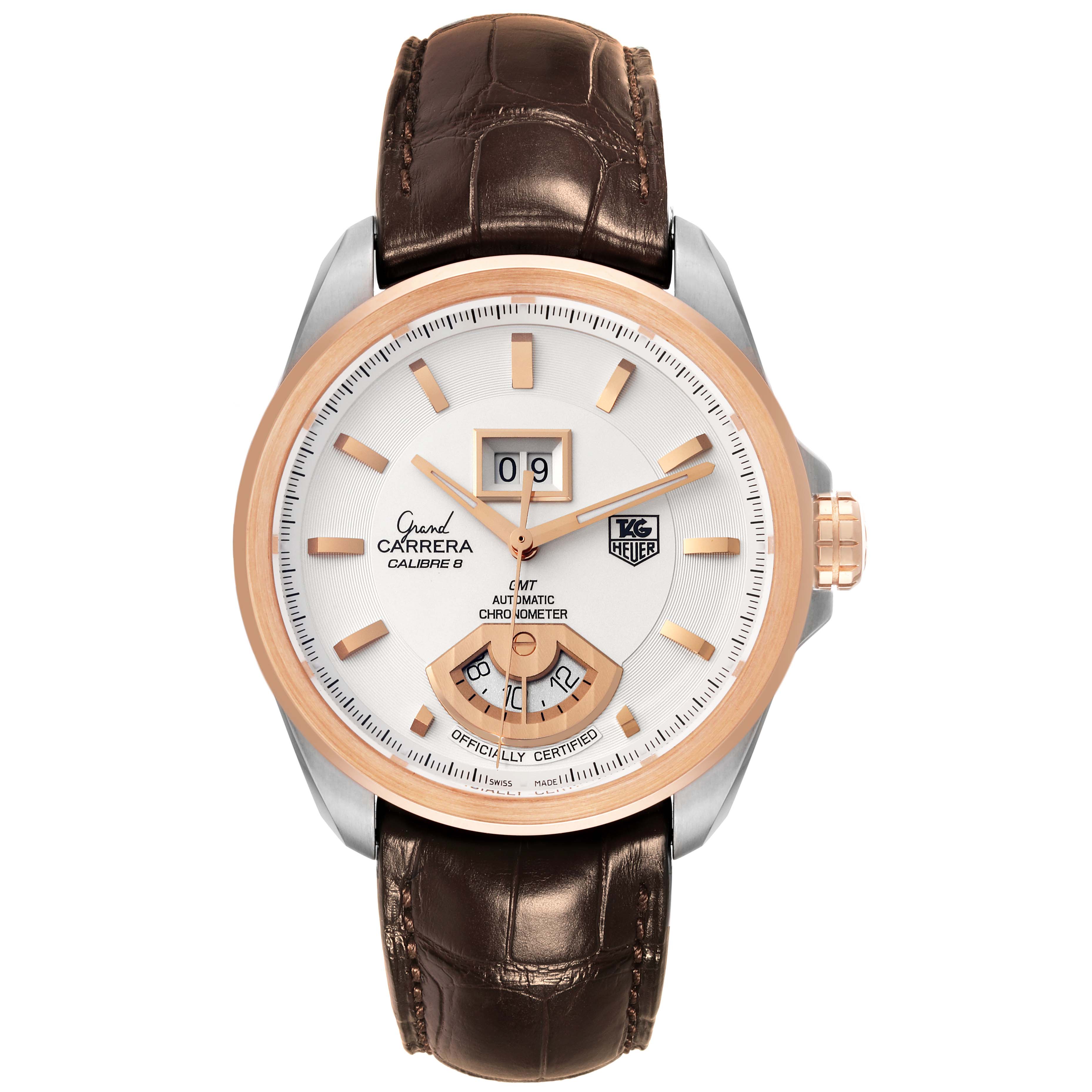 This image shows a Tag Heuer Carrera WAV5152.FC6231 Men's Steel and Gold (two tone) Silver Dial WAV5152.FC6231 Men's Steel and Gold (two tone) Silver Dial watch, seen from the front, featuring its dial, hour markers, and a leather strap.