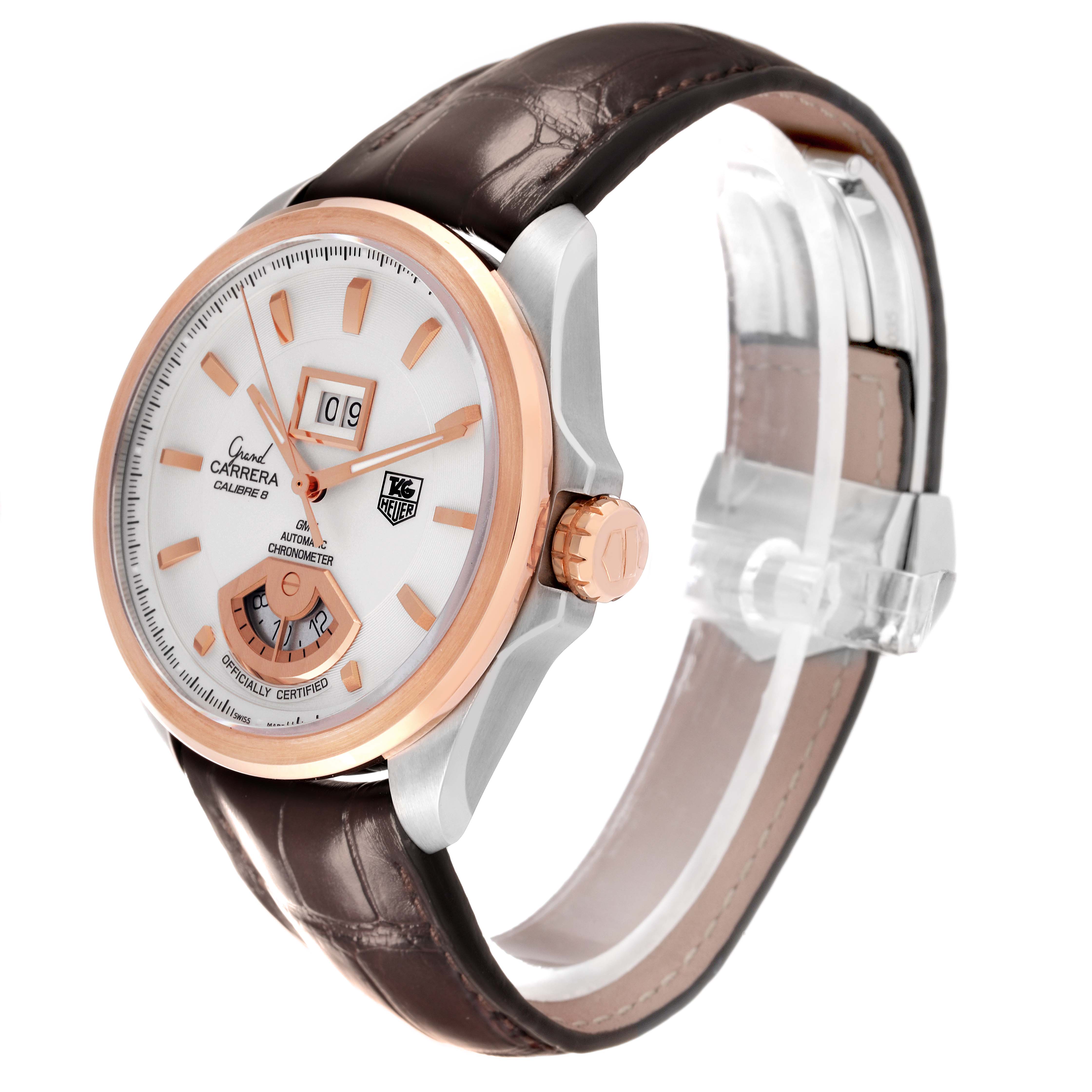 The Tag Heuer Carrera WAV5152.FC6231 Men's Steel and Gold (two tone) Silver Dial WAV5152.FC6231 Men's Steel and Gold (two tone) Silver Dial model watch is shown at an angled front view, highlighting its dial, crown, and leather strap.