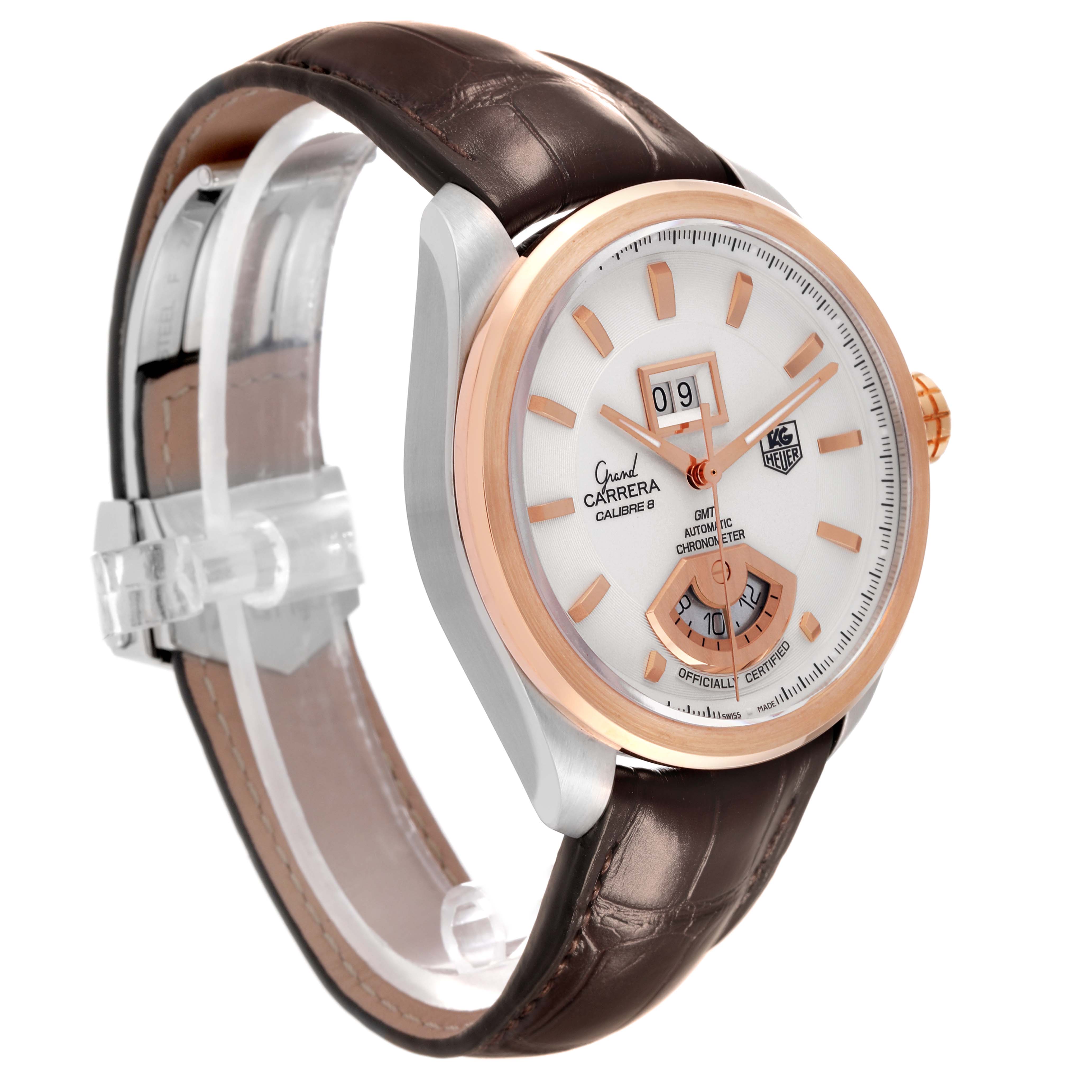 The image shows a Tag Heuer Carrera WAV5152.FC6231 Men's Steel and Gold (two tone) Silver Dial WAV5152.FC6231 Men's Steel and Gold (two tone) Silver Dial model watch at an angled view, highlighting its face, bezel, crown, and leather strap.