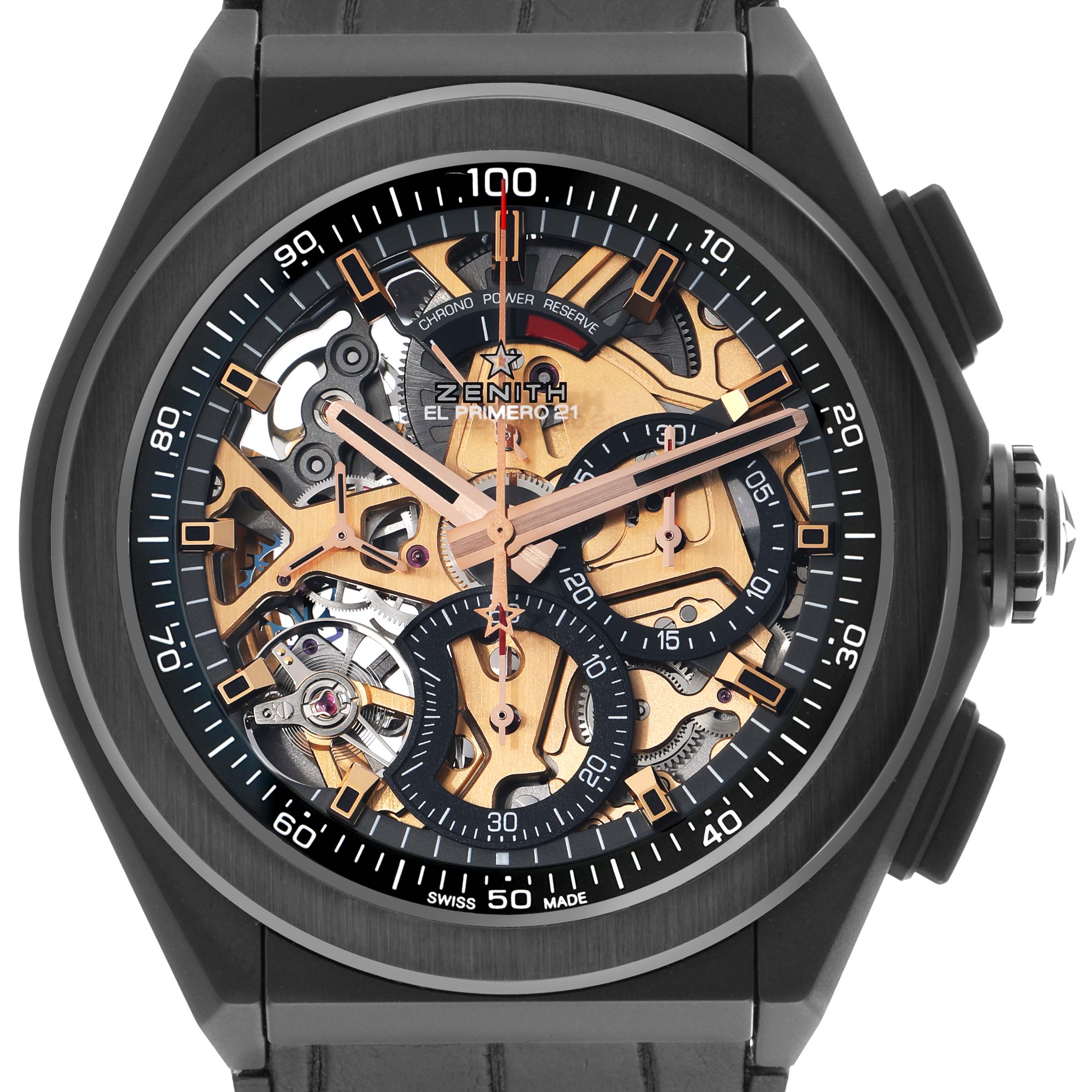 The Zenith El Primero 49.9005.9004/72.R582 Men
s Ceramic Black Dial watch is shown from a front angle, displaying its intricate skeleton dial and visible movement components.