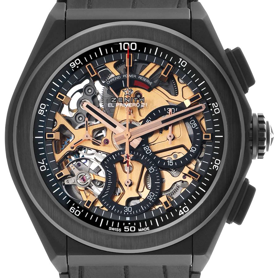 The Zenith El Primero 49.9005.9004/72.R582 Men's Ceramic Black Dial watch is shown from a front angle, displaying its intricate skeleton dial and visible movement components.