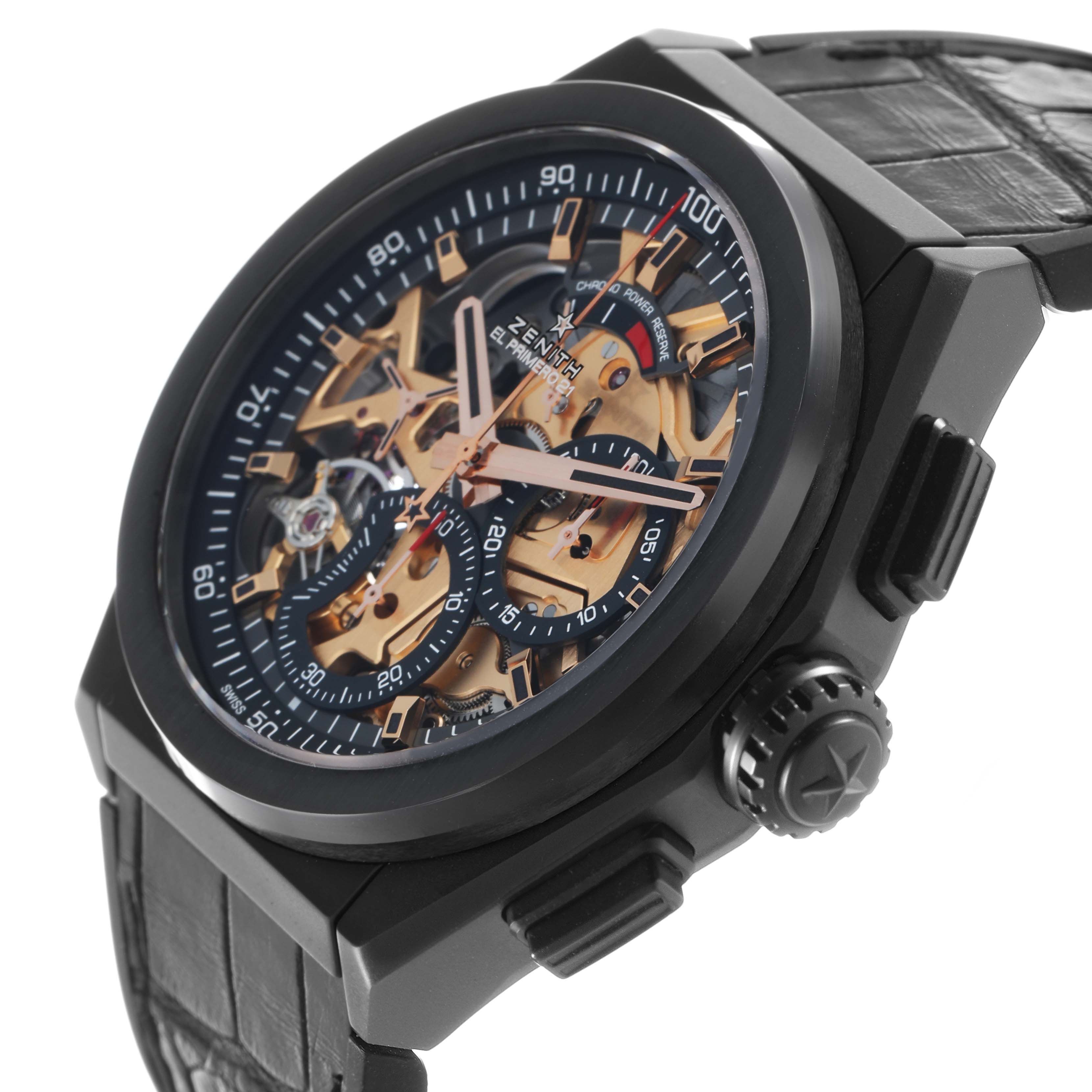 The image shows a Zenith El Primero 49.9005.9004/72.R582 Men
s Ceramic Black Dial watch from a side angle, displaying the watch face, crown, and part of the strap.