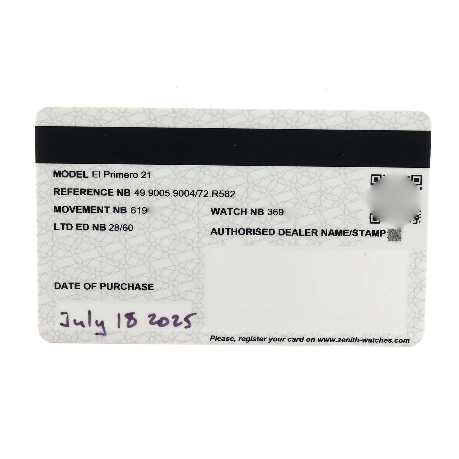 The image shows a Zenith El Primero 49.9005.9004/72.R582 Men
s Ceramic Black Dial warranty card detailing model, reference, movement, and purchase date.