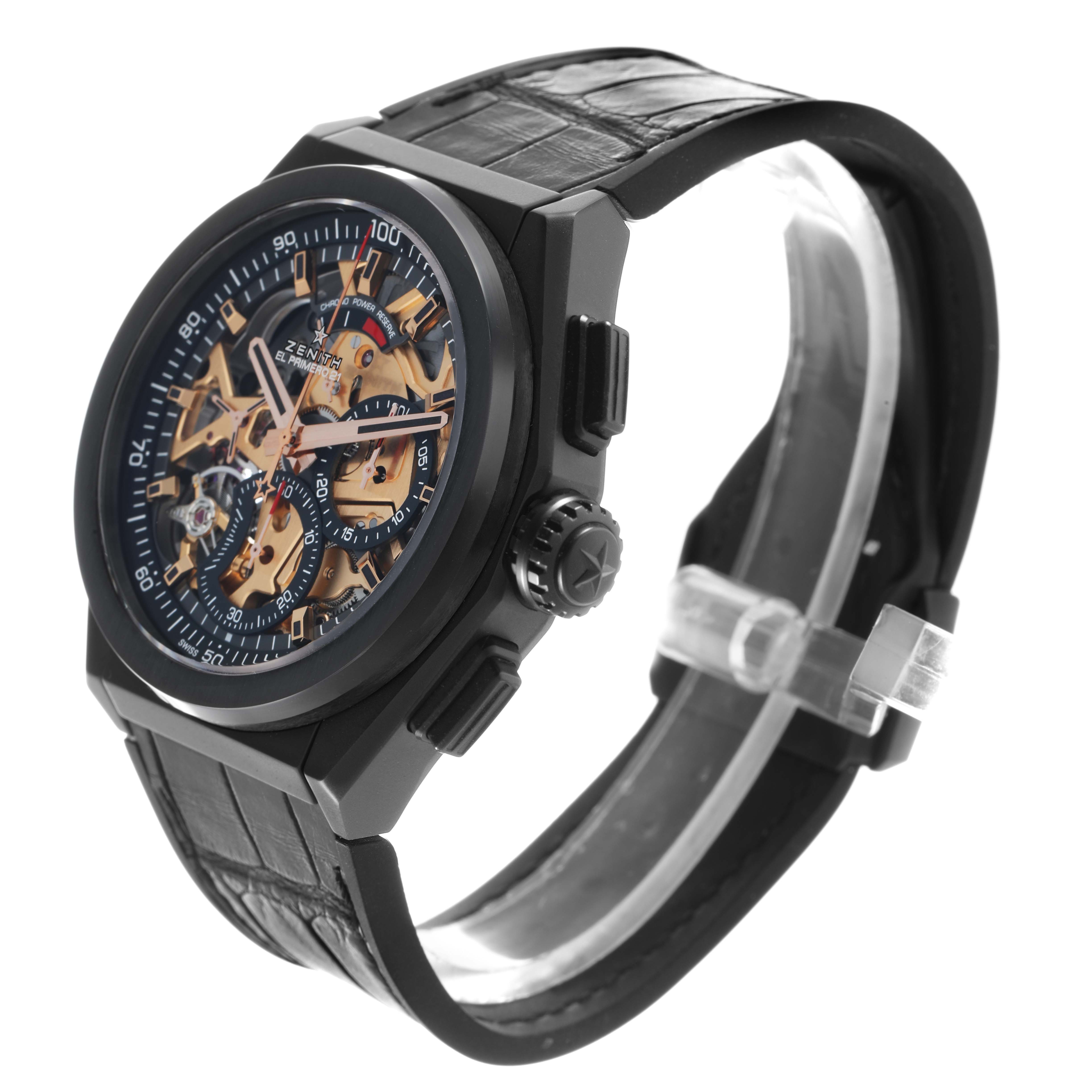 The Zenith El Primero 49.9005.9004/72.R582 Men
s Ceramic Black Dial watch is shown at a three-quarter angle, highlighting its skeleton dial, bezel, case, crown, and strap.