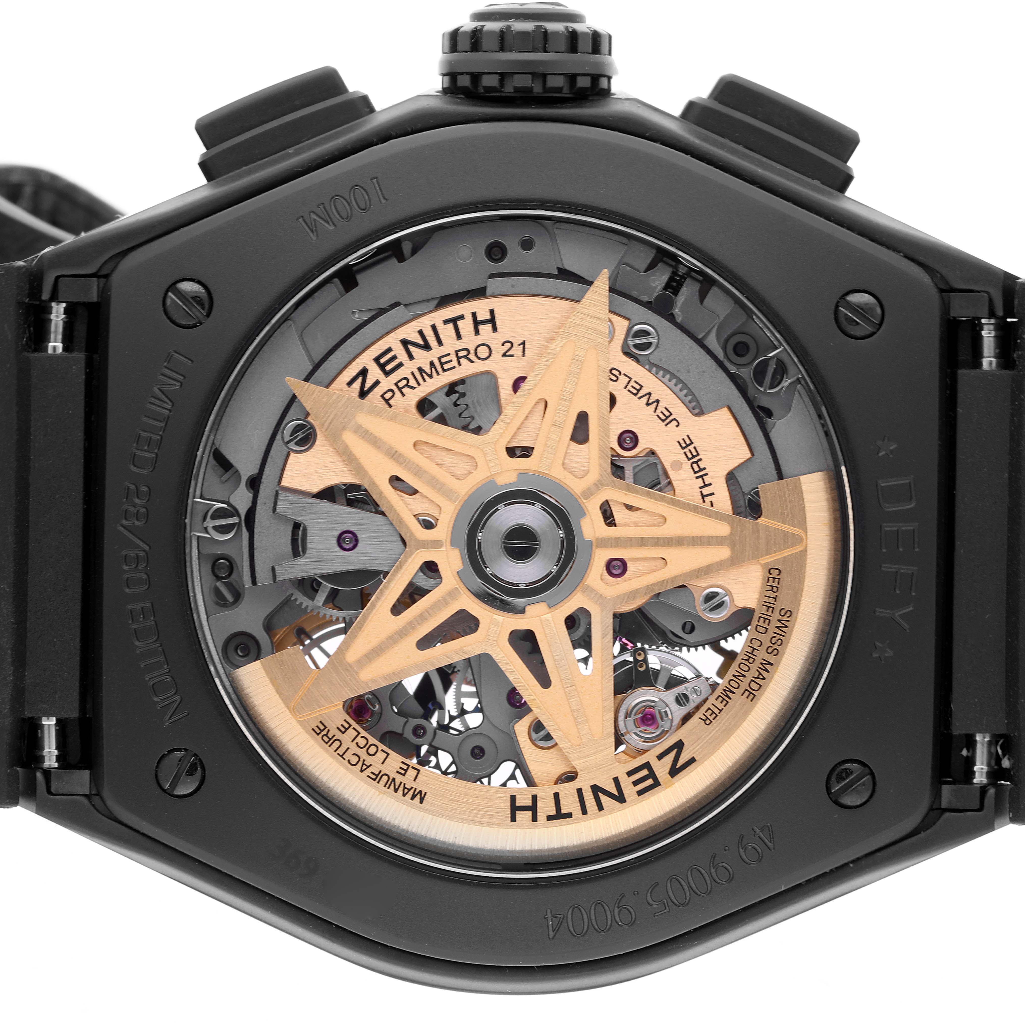 The image shows the back of the Zenith El Primero 49.9005.9004/72.R582 Men
s Ceramic Black Dial watch, highlighting its intricate movement and rotor.