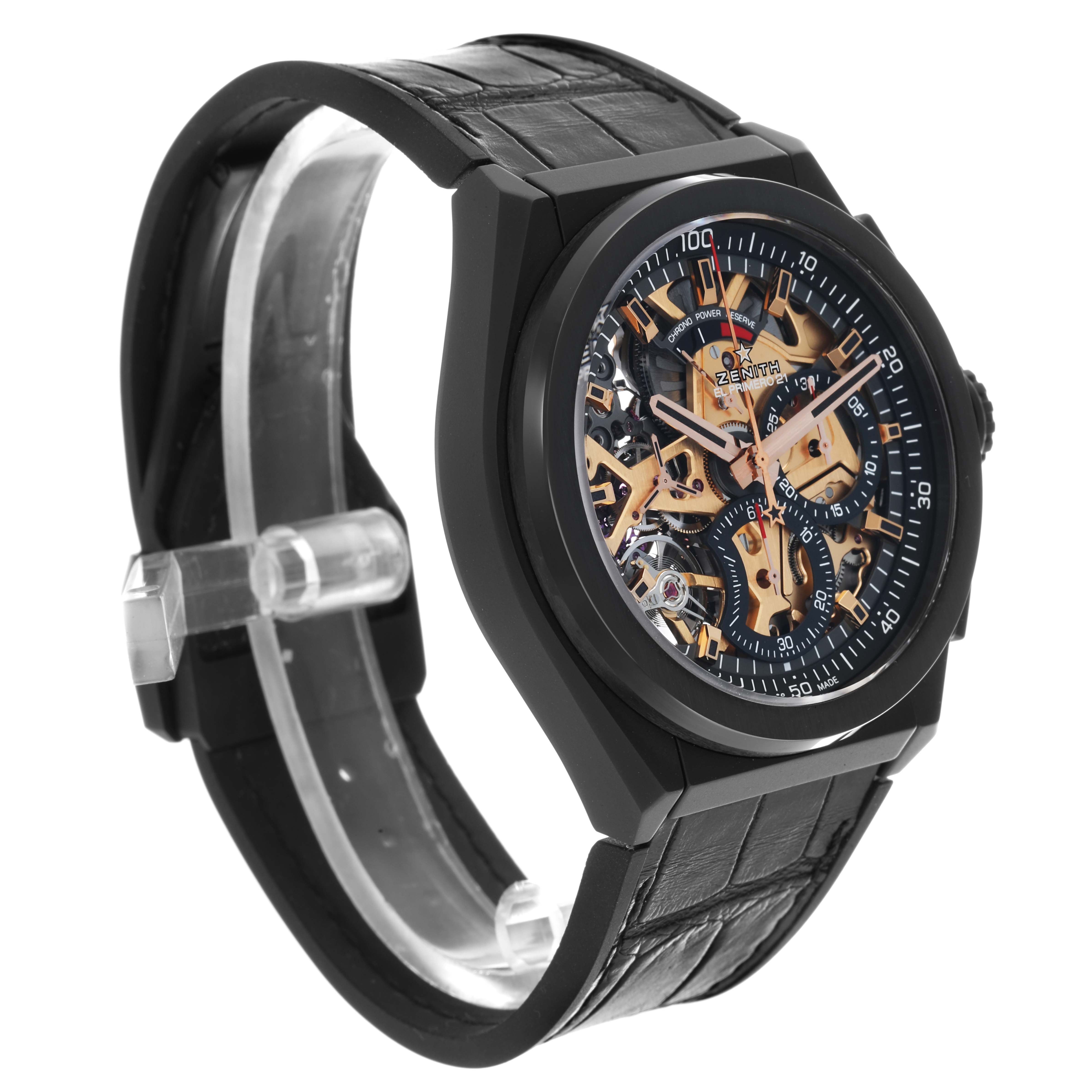 The Zenith El Primero 49.9005.9004/72.R582 Men
s Ceramic Black Dial watch is shown from a three-quarter angle, highlighting its skeleton dial and leather strap.