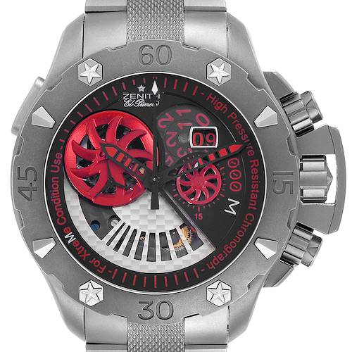 The Zenith Defy 95.0527.4039 Men's Titanium Red Dial watch is shown from a front angle, highlighting the dial and red accents.