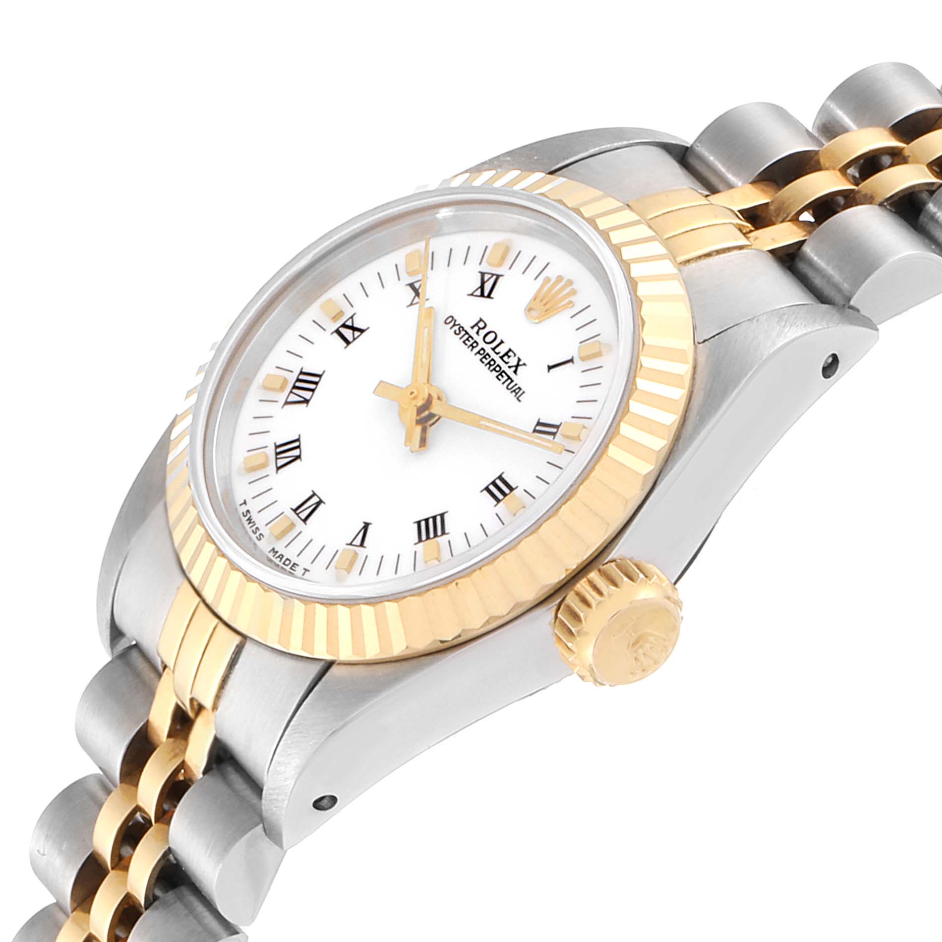 The image shows a Rolex Datejust 67193 Women
s Steel and Gold (two tone) White Dial 67193 Women
s Steel and Gold (two tone) White Dial watch at an angle highlighting the bezel, crown, dial, and bracelet.