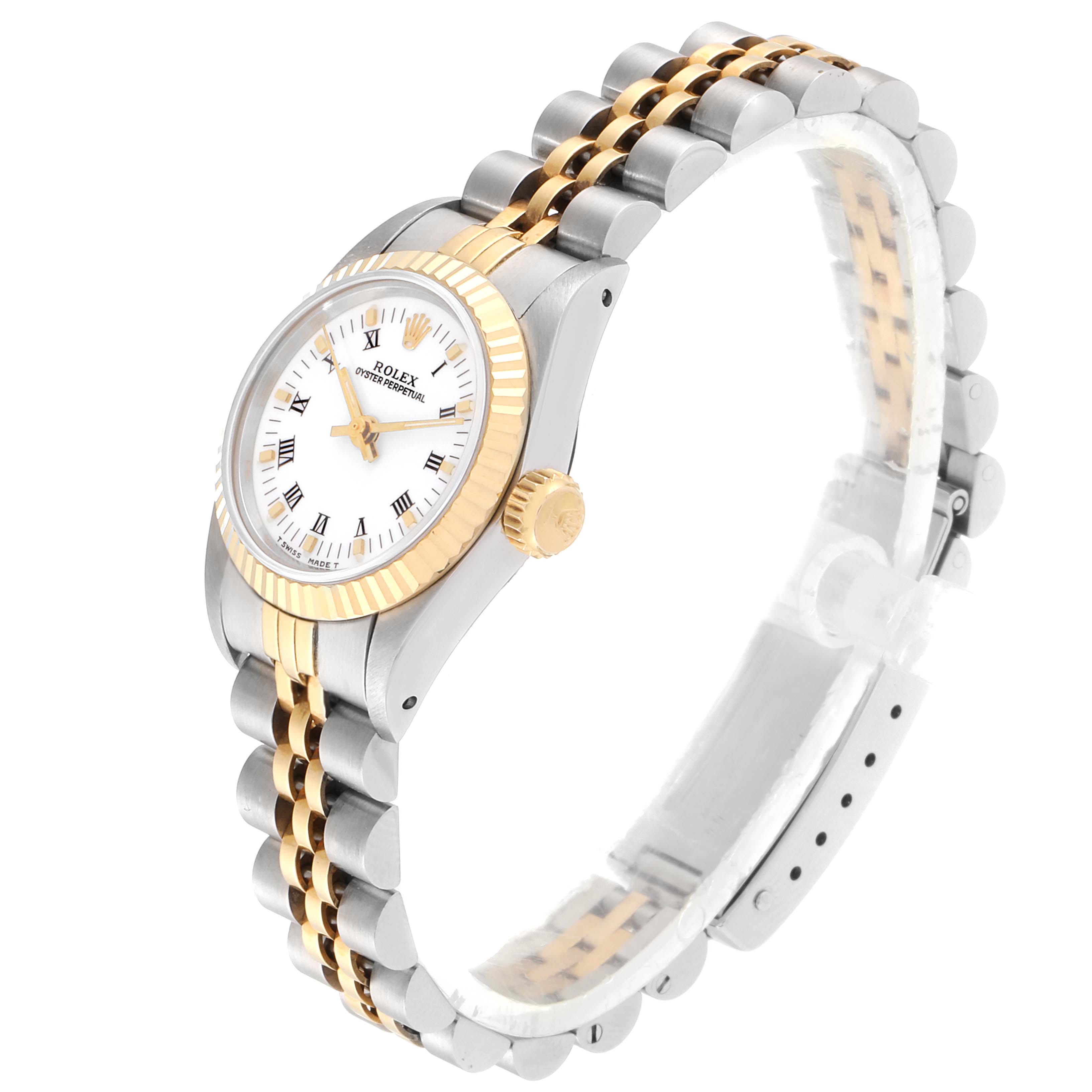 This image shows a Rolex Datejust 67193 Women
s Steel and Gold (two tone) White Dial 67193 Women
s Steel and Gold (two tone) White Dial watch angled slightly from above, highlighting its gold and silver bracelet, crown, and white dial.