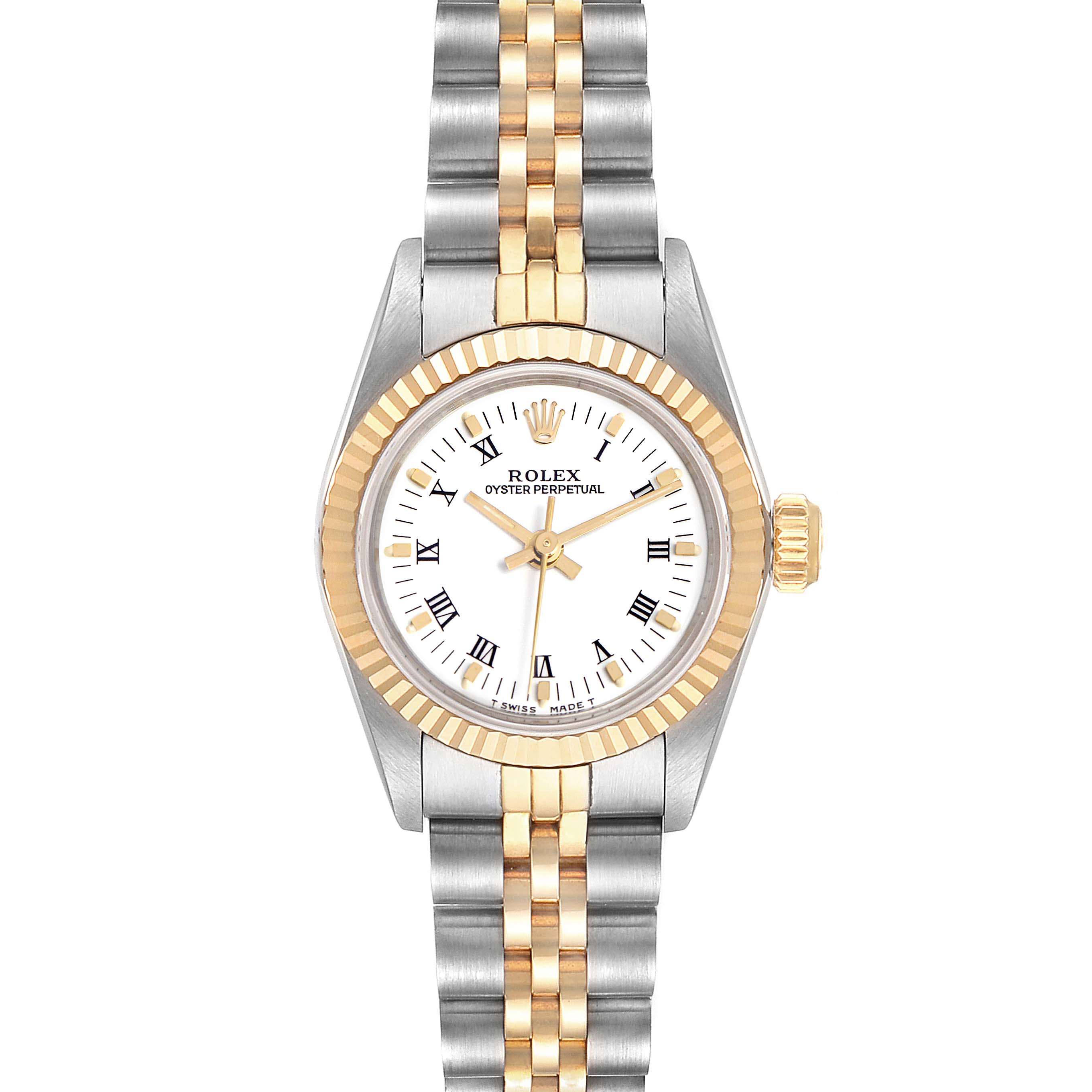 This image shows a frontal view of a Rolex Datejust 67193 Women
s Steel and Gold (two tone) White Dial 67193 Women
s Steel and Gold (two tone) White Dial watch, displaying the face, bezel, and part of the bracelet.