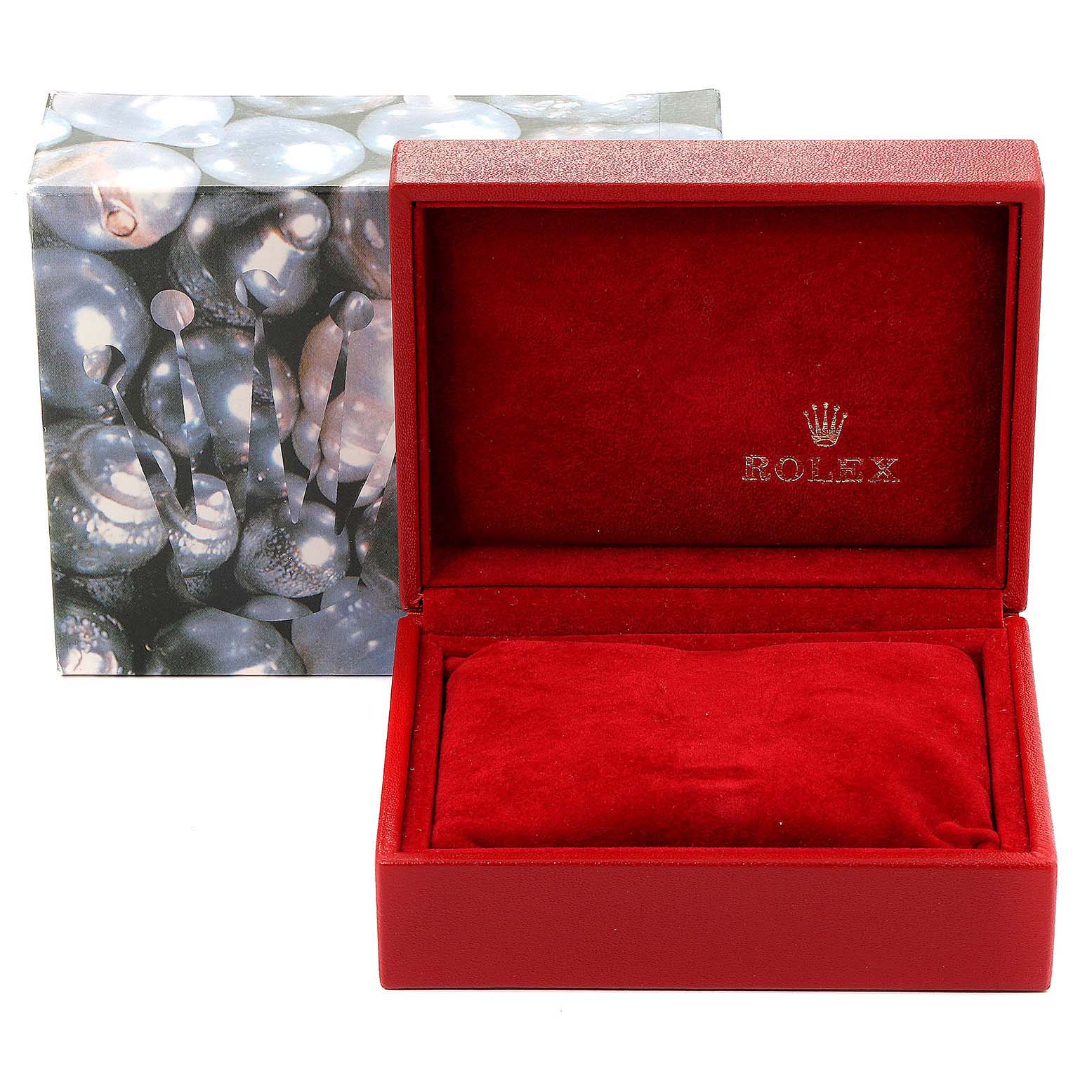 The image shows the open display box and outer sleeve for a Rolex Datejust 67193 Women
s Steel and Gold (two tone) White Dial 67193 Women
s Steel and Gold (two tone) White Dial watch, with the Rolex logo inside.