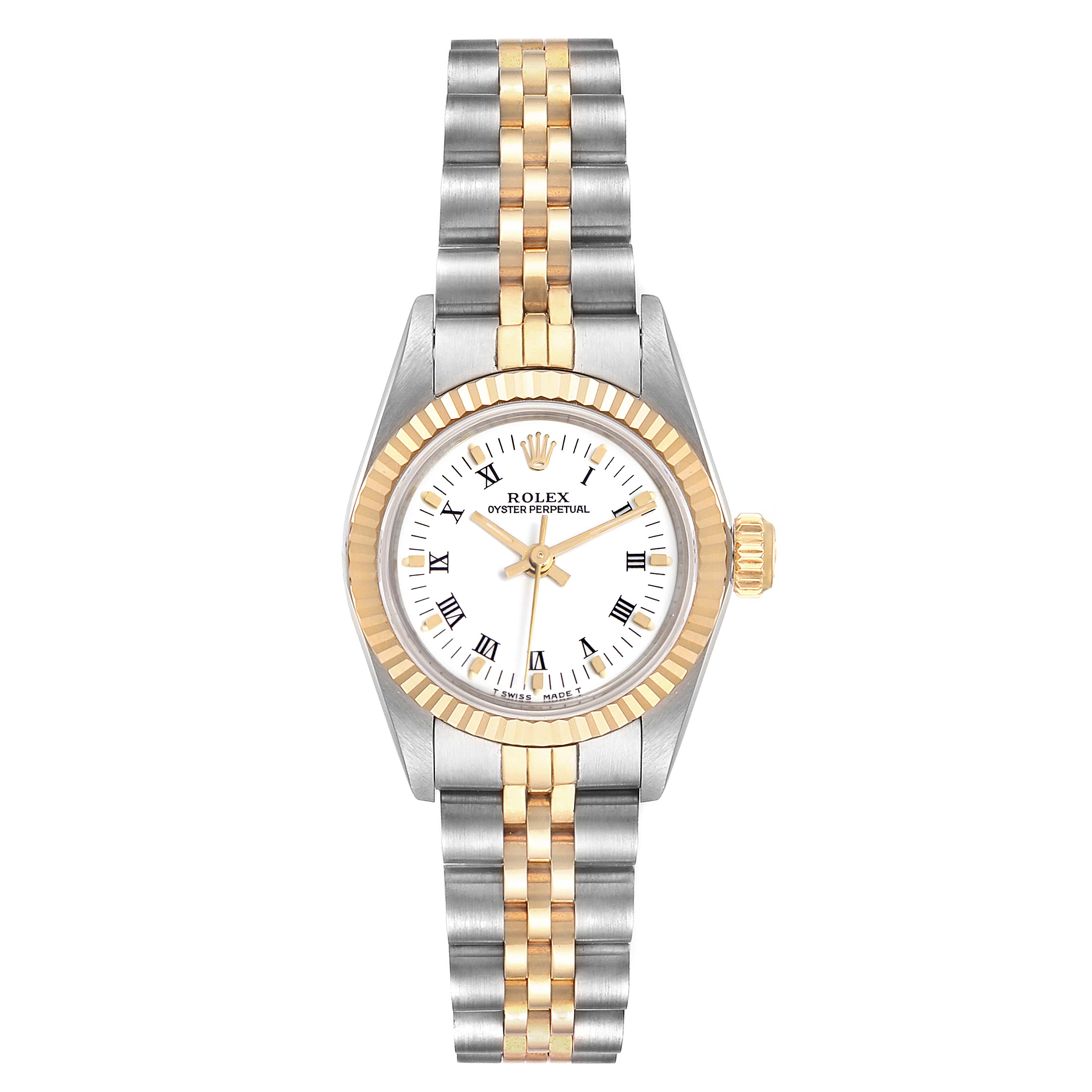 This image shows a frontal view of a Rolex Datejust 67193 Women
s Steel and Gold (two tone) White Dial 67193 Women
s Steel and Gold (two tone) White Dial watch, showcasing its dial, bezel, crown, and two-tone bracelet.