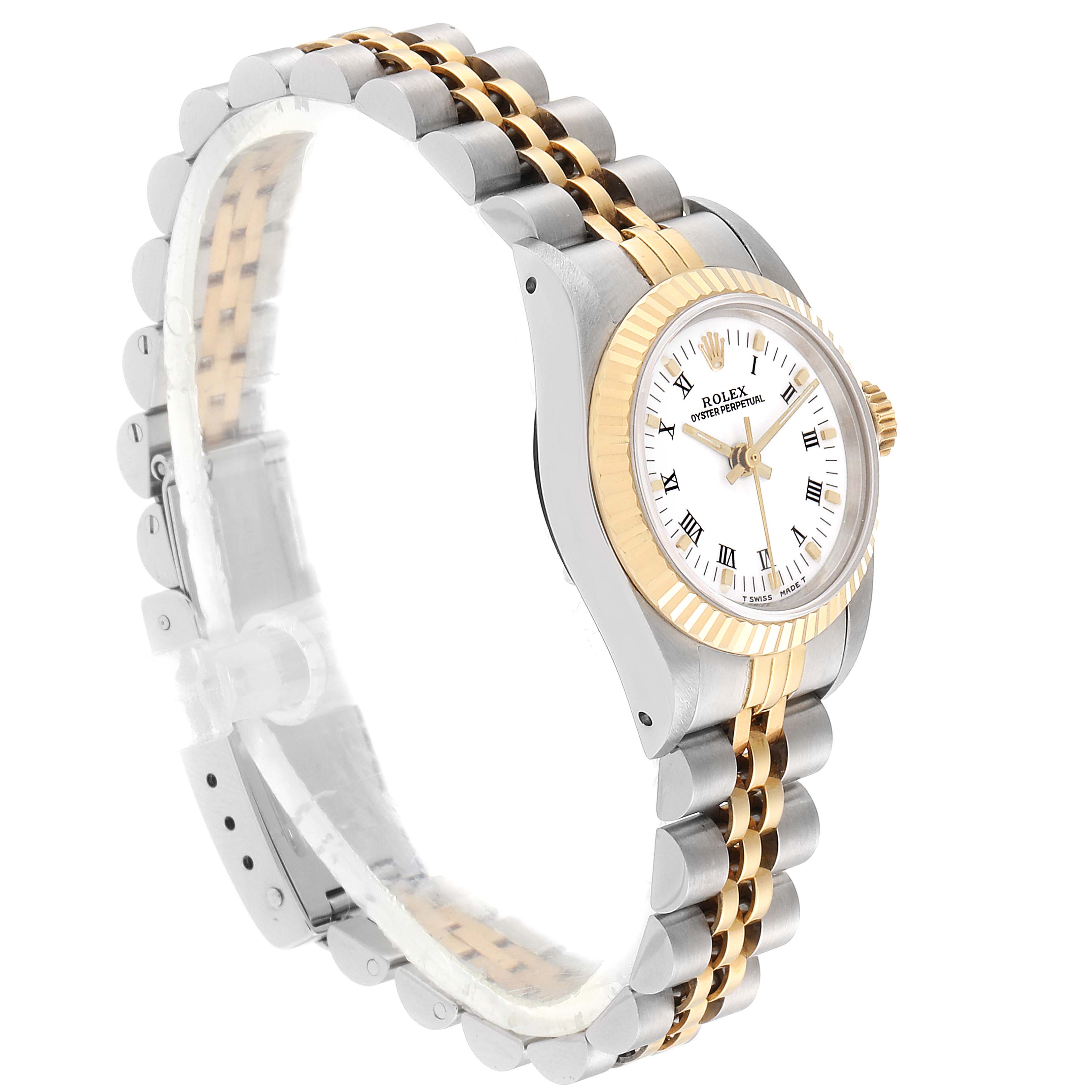 The image shows a side angle of the Rolex Datejust 67193 Women
s Steel and Gold (two tone) White Dial 67193 Women
s Steel and Gold (two tone) White Dial, displaying the watch face, bezel, and bracelet.