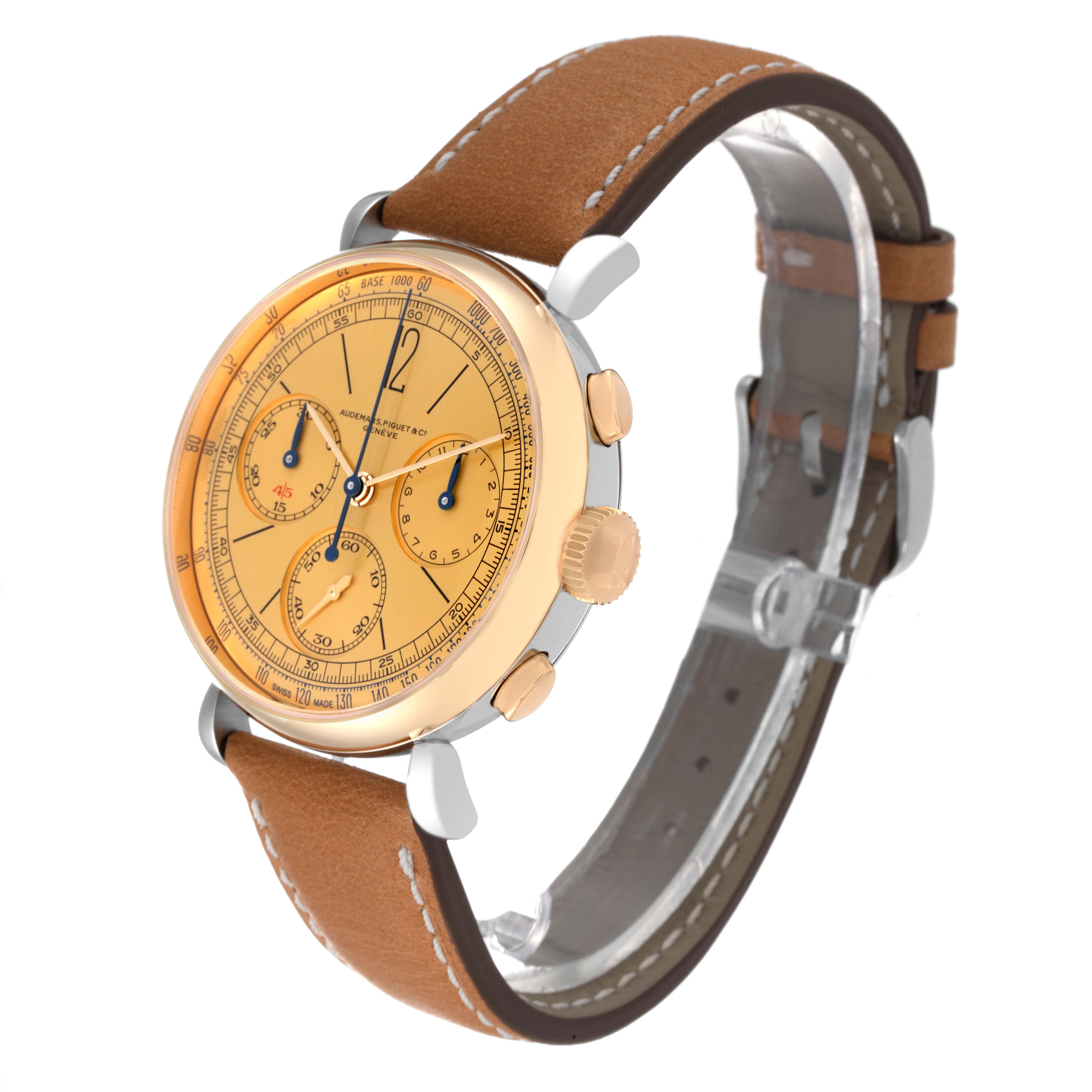 The image shows a side angle of the Audemars Piguet Remaster  26595SR.OO.A032VE.01 Men's Stainless Steel Champagne Dial 26595SR.OO.A032VE.01 Men's Stainless Steel Champagne Dialwatch, highlighting its dial, crown, and leather strap.