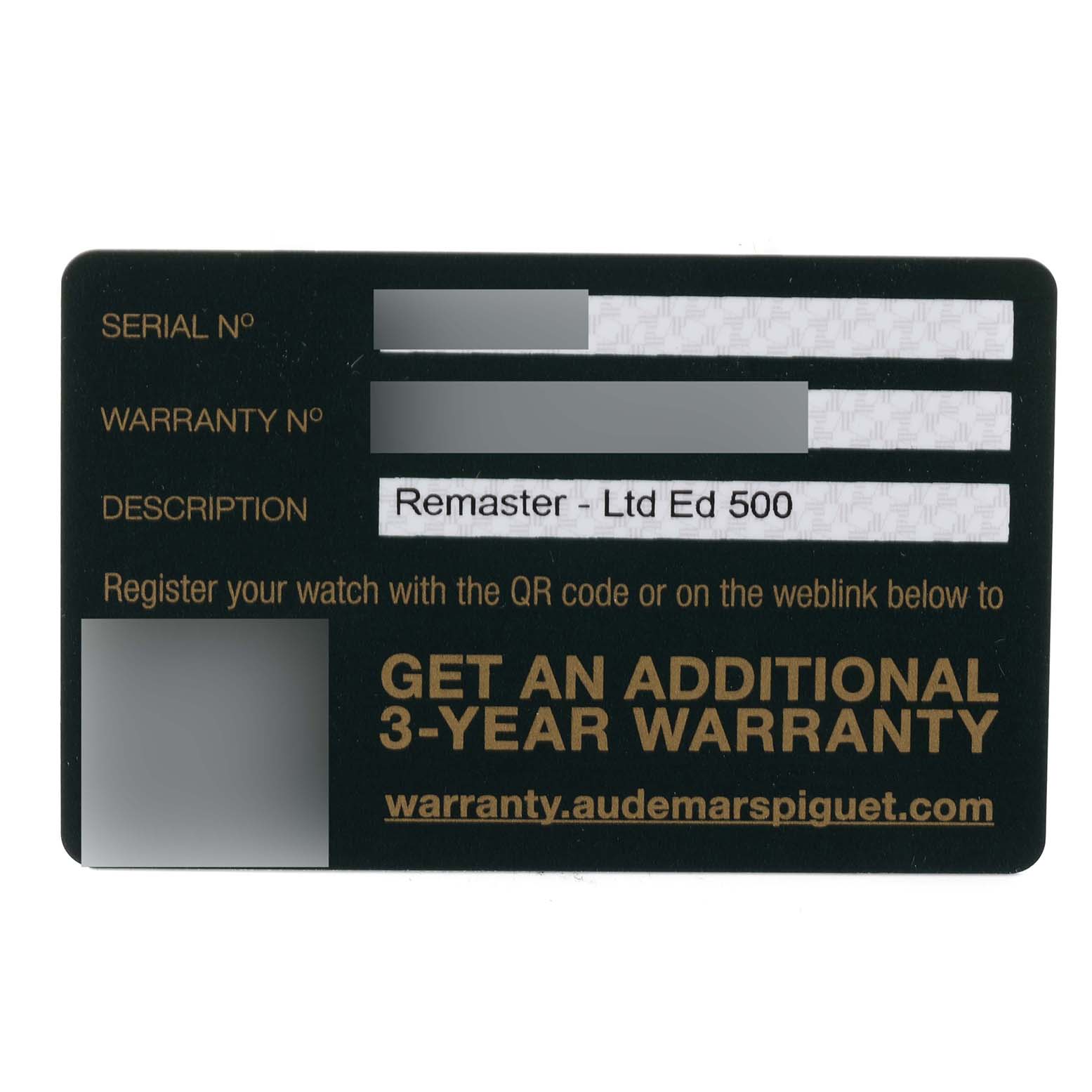 This image shows a warranty card for the Audemars Piguet Remaster  26595SR.OO.A032VE.01 Men's Stainless Steel Champagne Dial 26595SR.OO.A032VE.01 Men's Stainless Steel Champagne Dialmodel, listing the serial number, warranty number, and description.