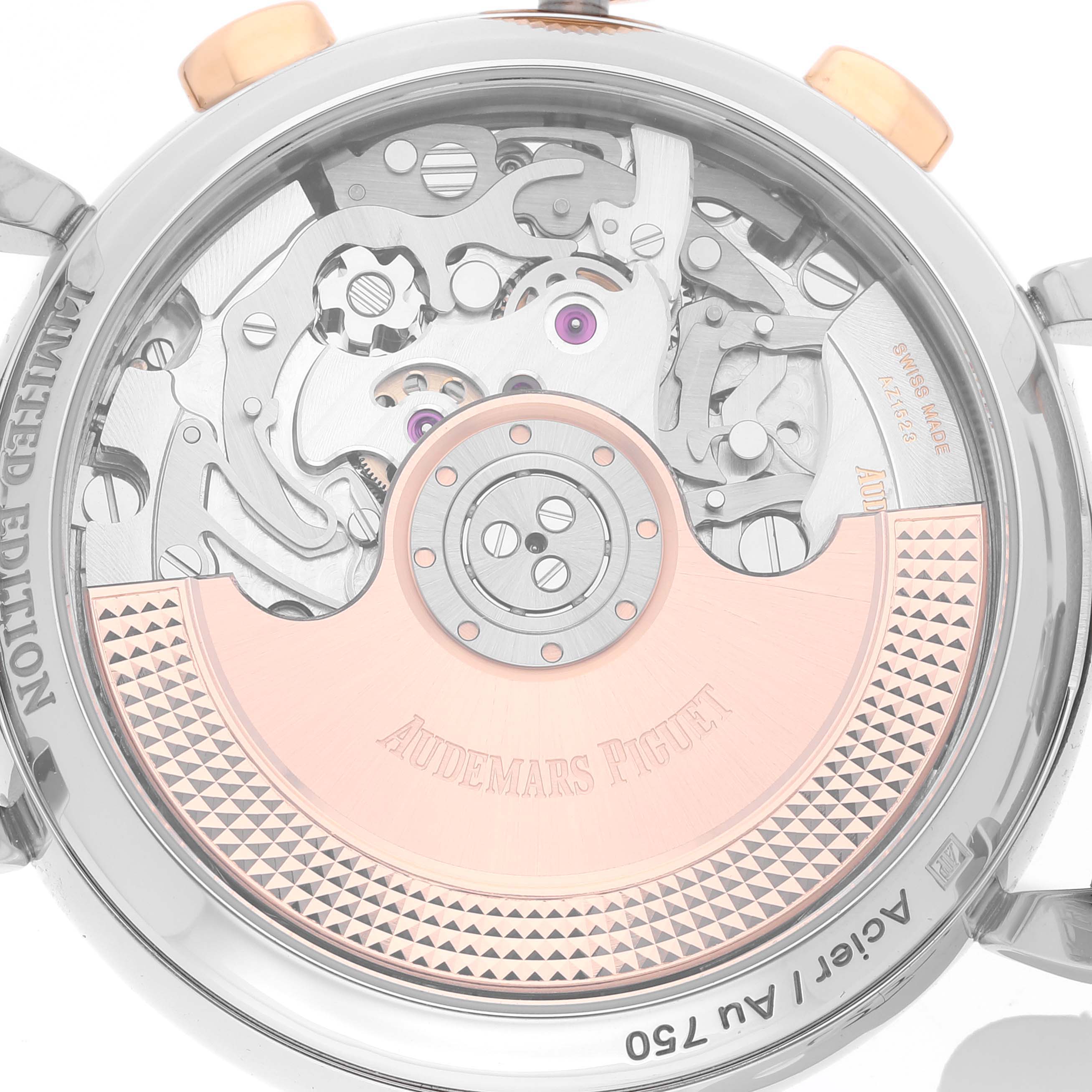 This image shows the back of an Audemars Piguet Remaster  26595SR.OO.A032VE.01 Men's Stainless Steel Champagne Dial 26595SR.OO.A032VE.01 Men's Stainless Steel Champagne Dialwatch, highlighting its intricate watch mechanism and rotor.