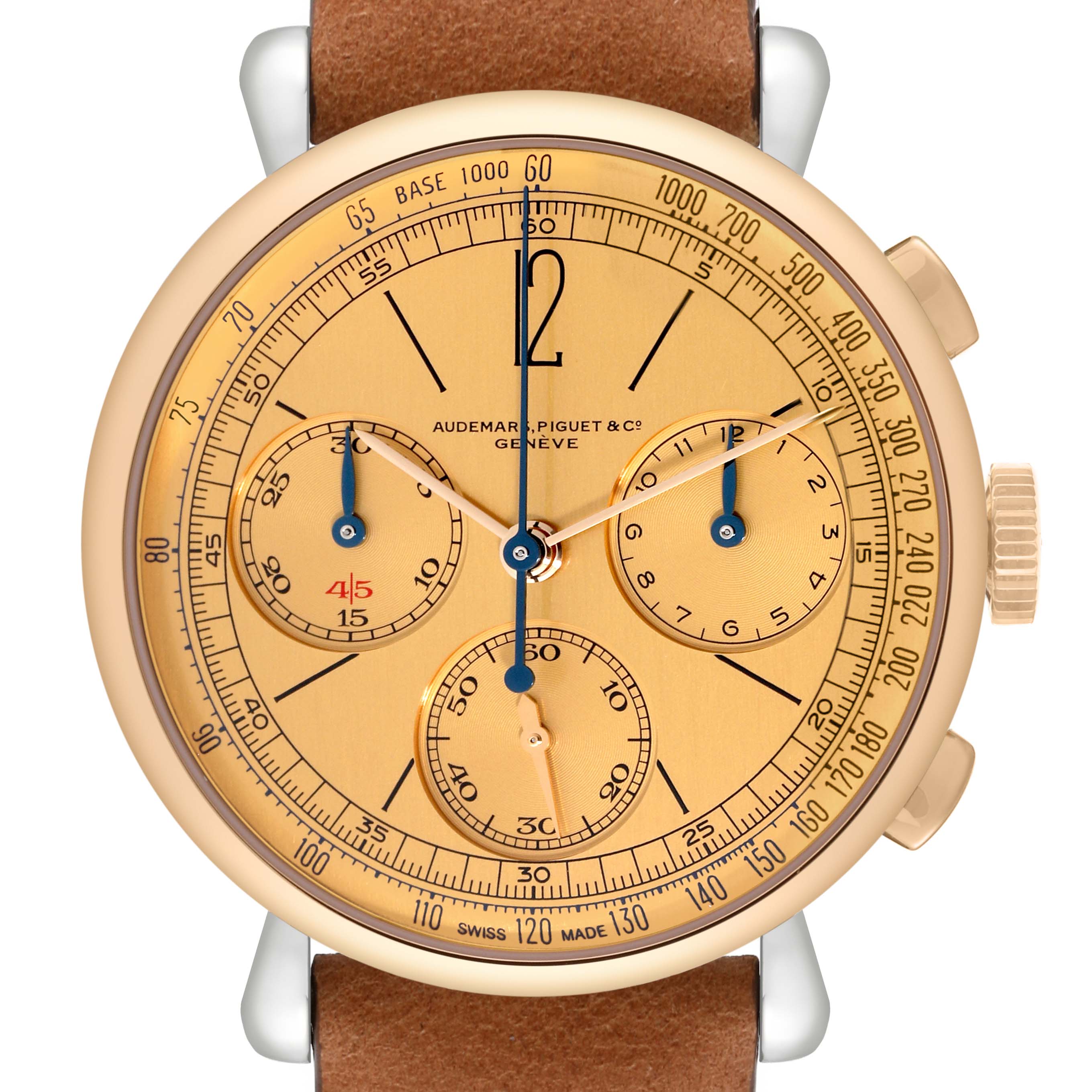 This image shows a frontal view of the dial and case of an Audemars Piguet Remaster  26595SR.OO.A032VE.01 Men's Stainless Steel Champagne Dial 26595SR.OO.A032VE.01 Men's Stainless Steel Champagne Dialwatch, highlighting subdials and a brown leather strap.