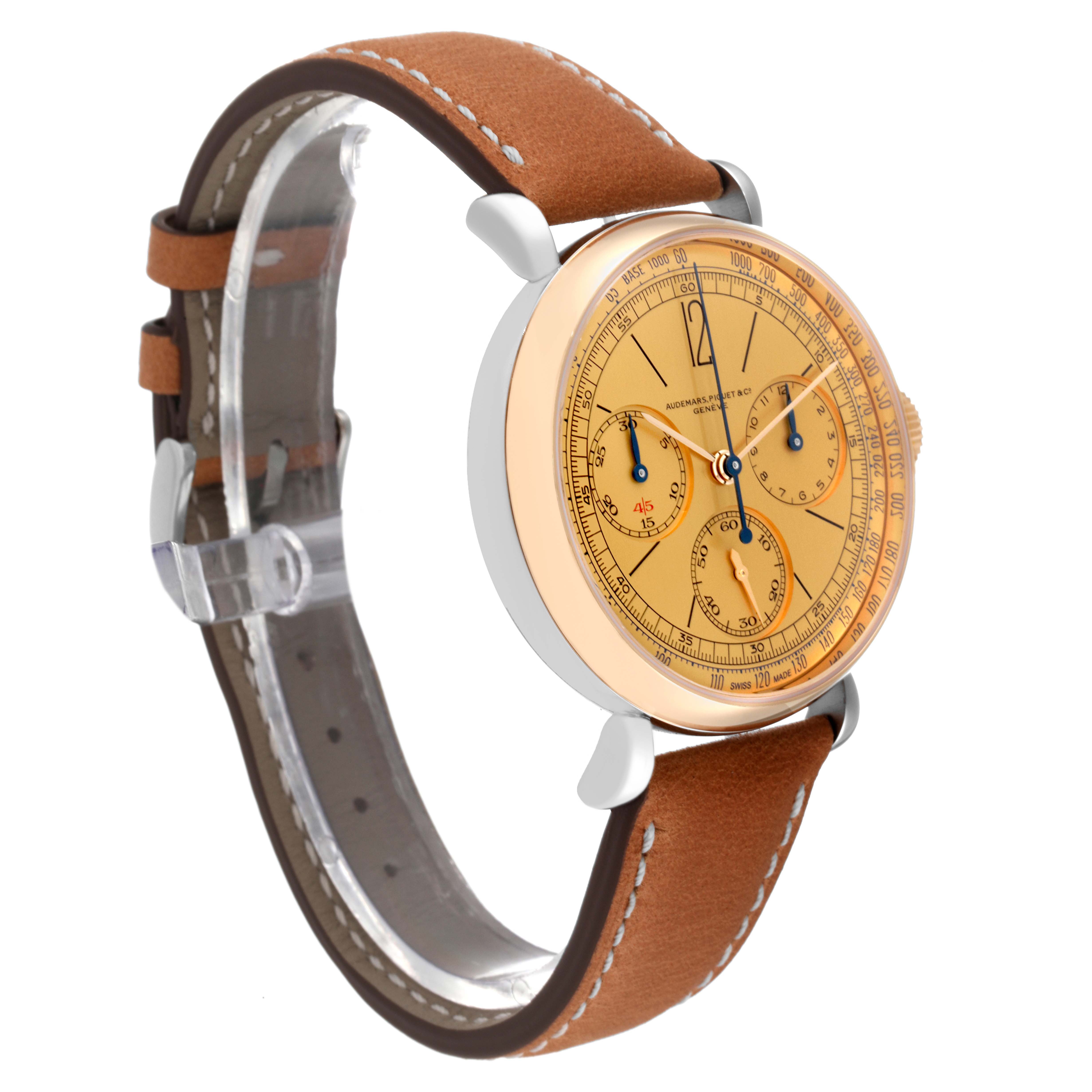 The Remaster model by Audemars Piguet is shown from a side angle, highlighting its brown leather strap and gold-tone dial.