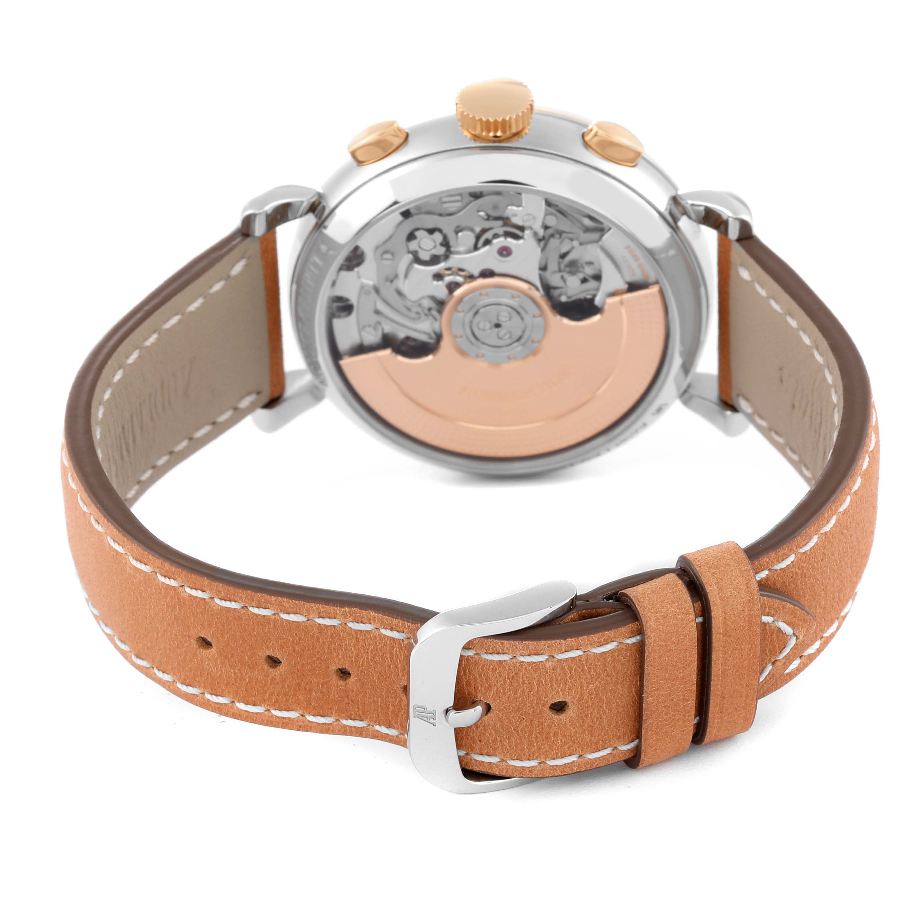 The image shows the back view of an Audemars Piguet Remaster  26595SR.OO.A032VE.01 Men's Stainless Steel Champagne Dial 26595SR.OO.A032VE.01 Men's Stainless Steel Champagne Dialwatch, highlighting its case back, crown, and leather strap.