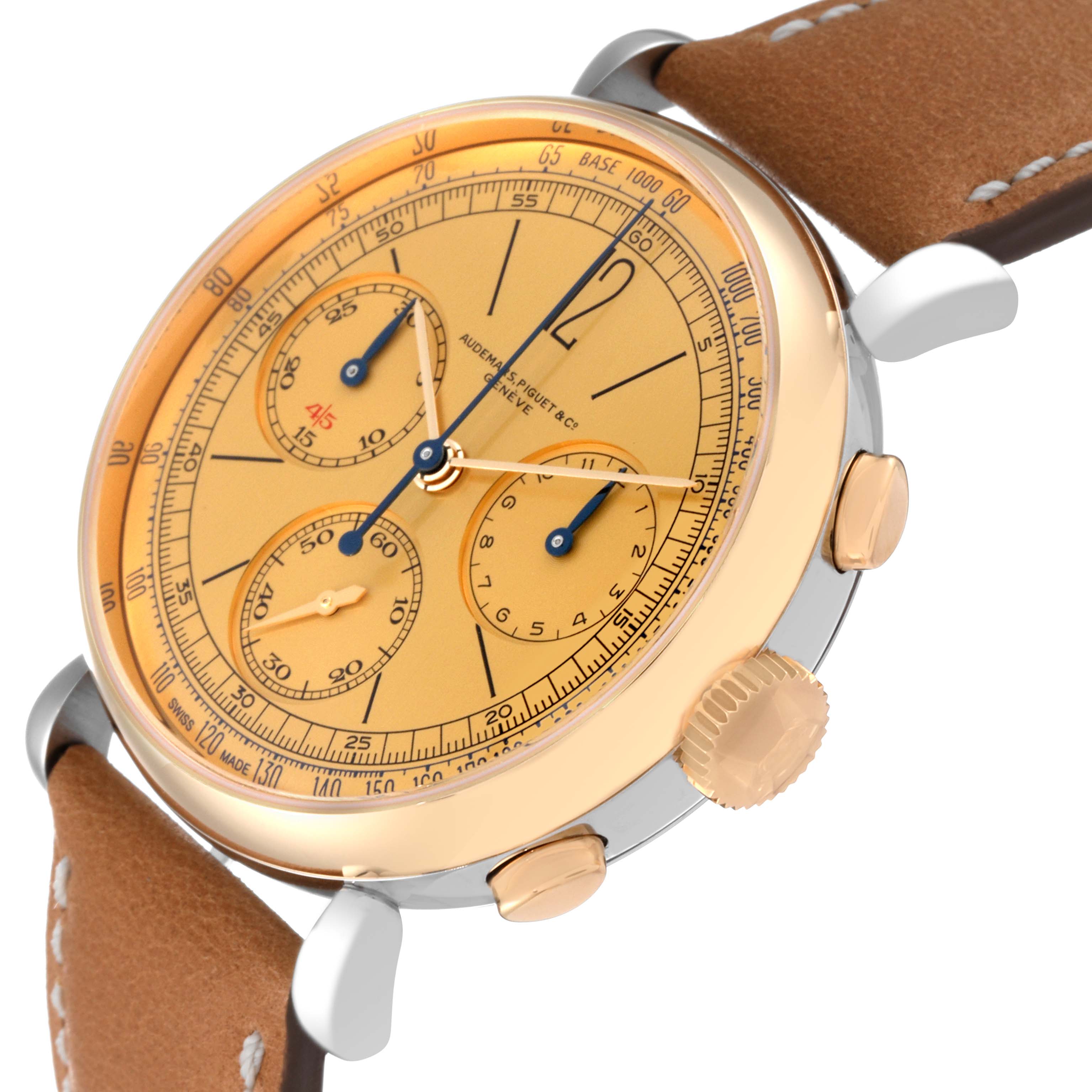 This angle displays the gold-toned face, chronograph subdials, crown, pushers, and leather strap of the Audemars Piguet Remaster  26595SR.OO.A032VE.01 Men's Stainless Steel Champagne Dial 26595SR.OO.A032VE.01 Men's Stainless Steel Champagne Dialmodel watch.